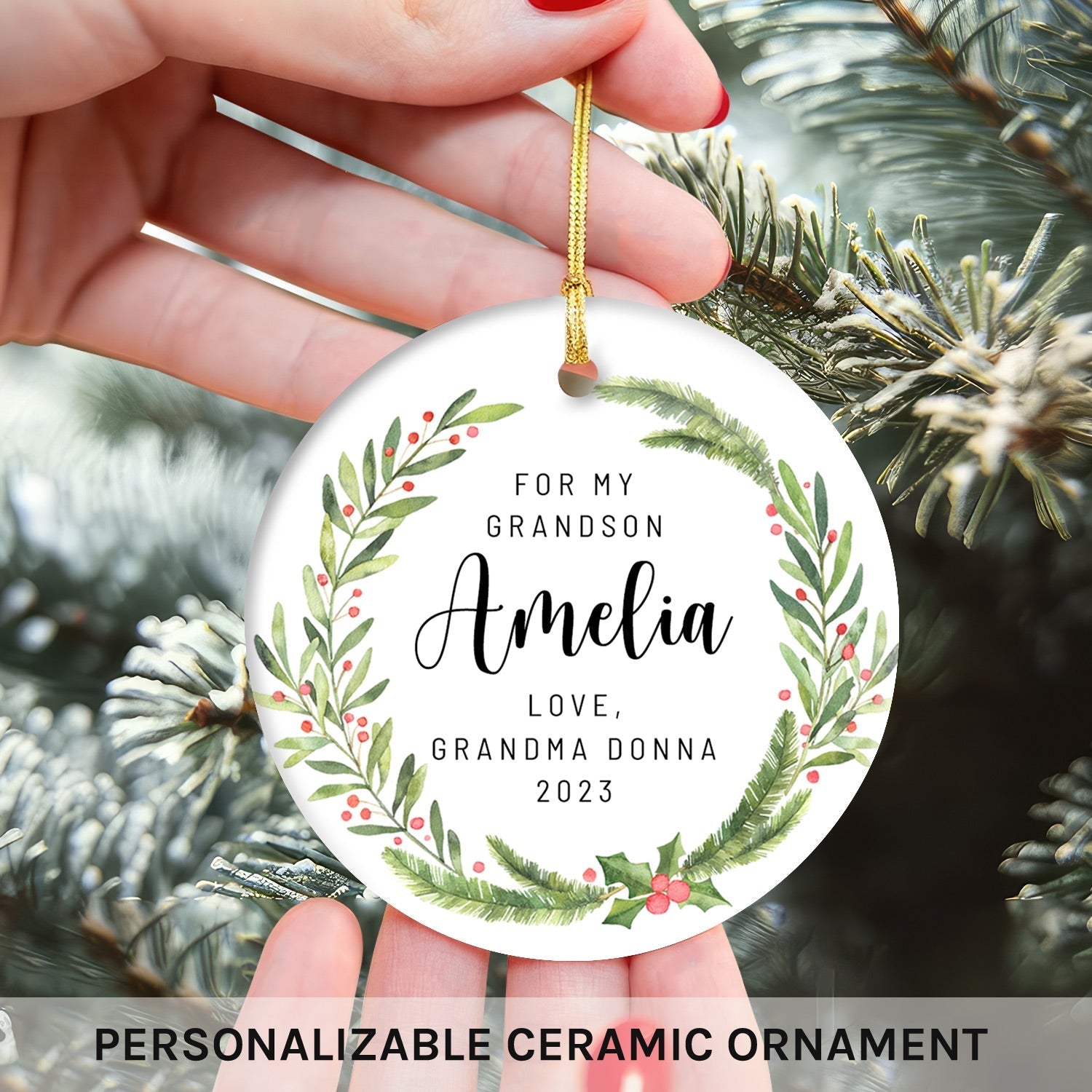 For My Grandson - Personalized Christmas gift For Grandson - Custom Circle Ceramic Ornament - Elizabeth Fashions