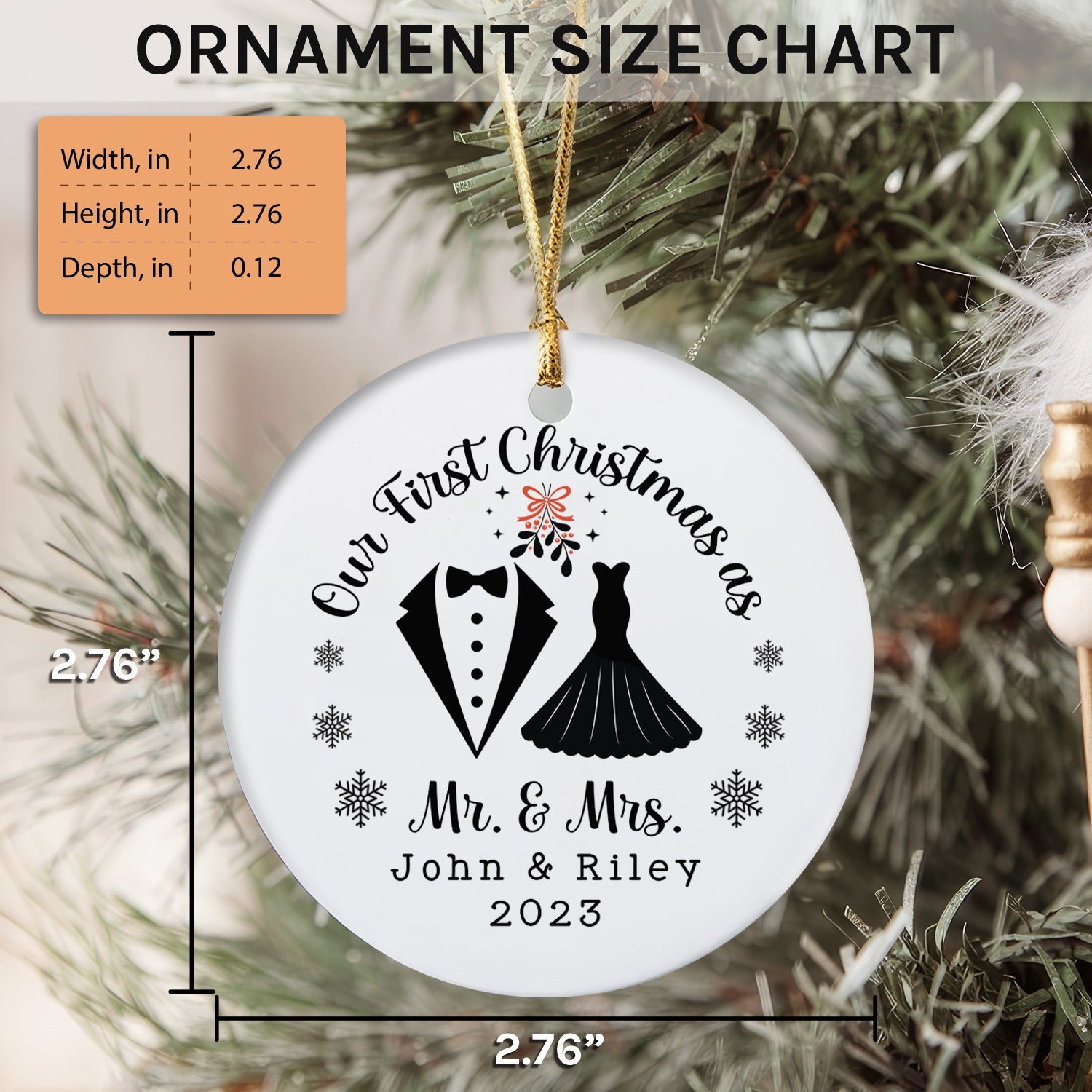 Our First Christmas as Mr. & Mrs. - Personalized First Christmas gift For Husband or Wife - Custom Circle Ceramic Ornament - Elizabeth Fashions