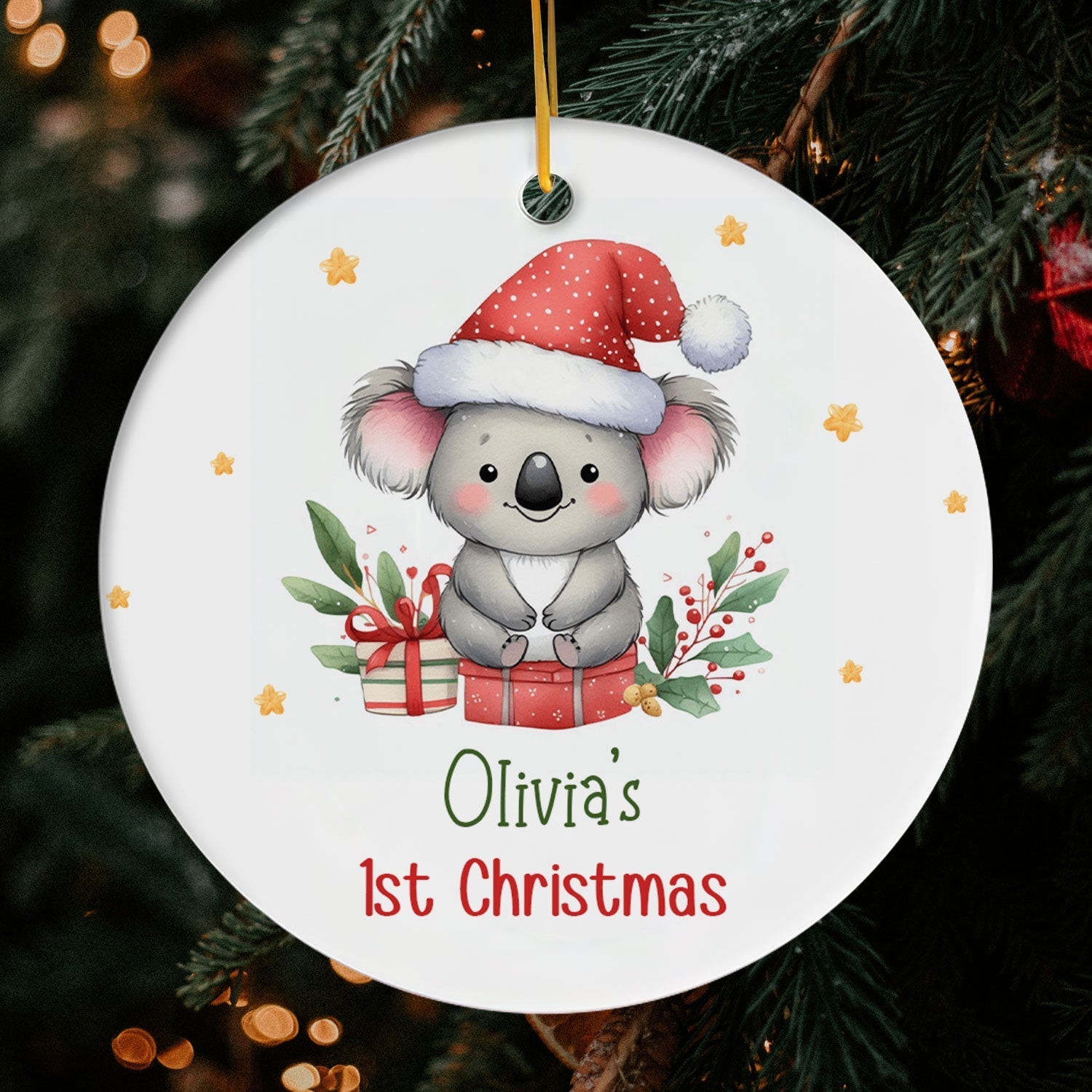 Koala Baby's 1st Christmas - Personalized First Christmas gift For Baby - Custom Circle Ceramic Ornament - Elizabeth Fashions