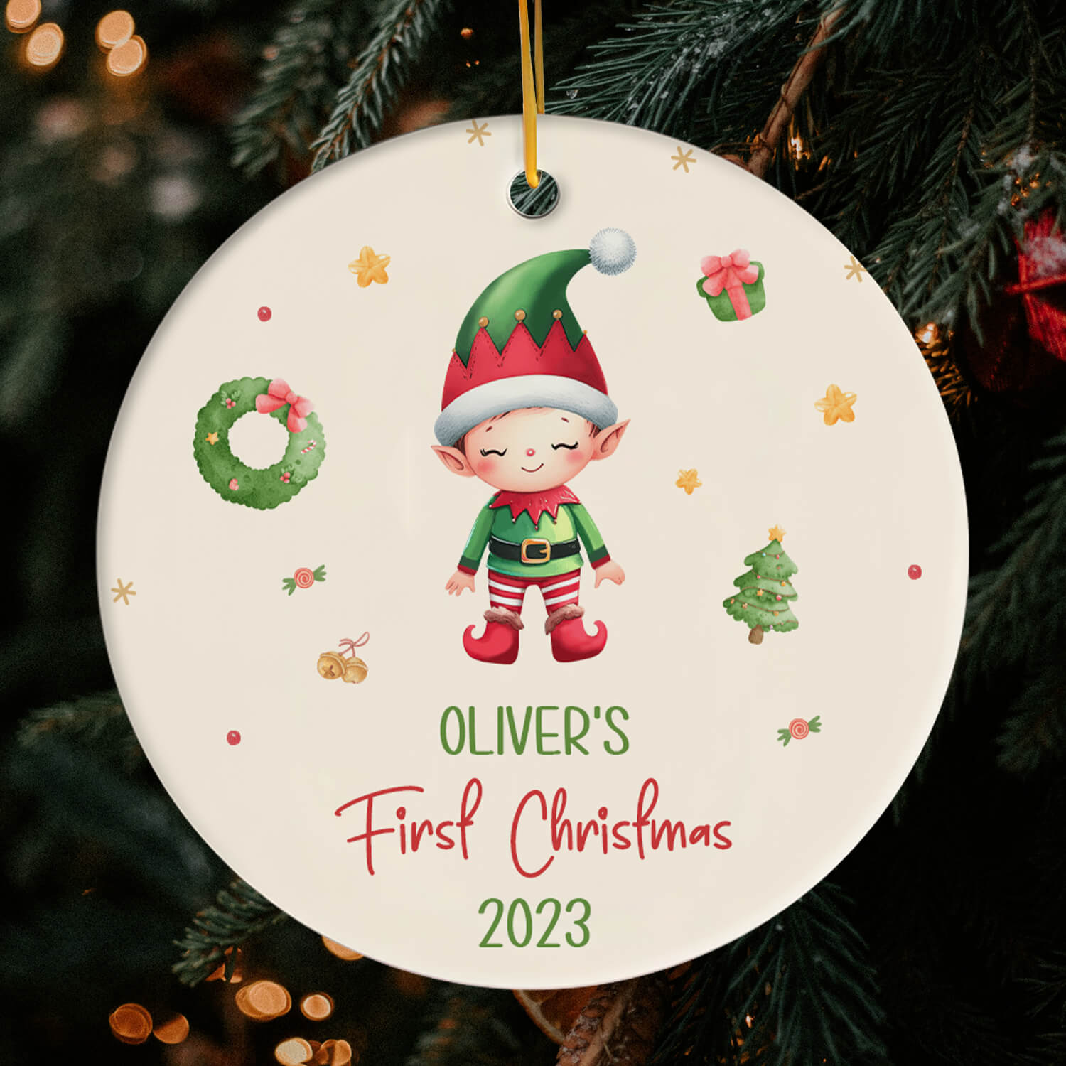 Baby Elf First Christmas - Personalized First Christmas gift For Baby - Custom Circle Ceramic Ornament - Elizabeth Fashions