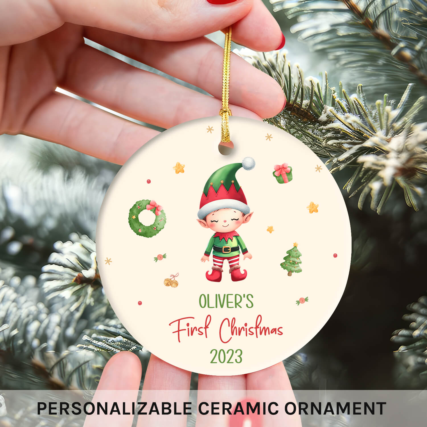 Baby Elf First Christmas - Personalized First Christmas gift For Baby - Custom Circle Ceramic Ornament - Elizabeth Fashions