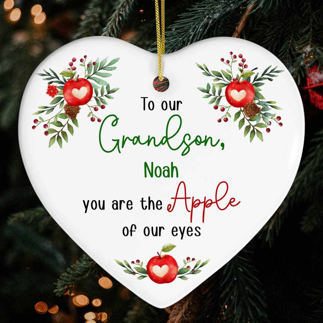 To our Grandson - Personalized Birthday or Christmas gift For Grandson - Custom Heart Ceramic Ornament - Elizabeth Fashions