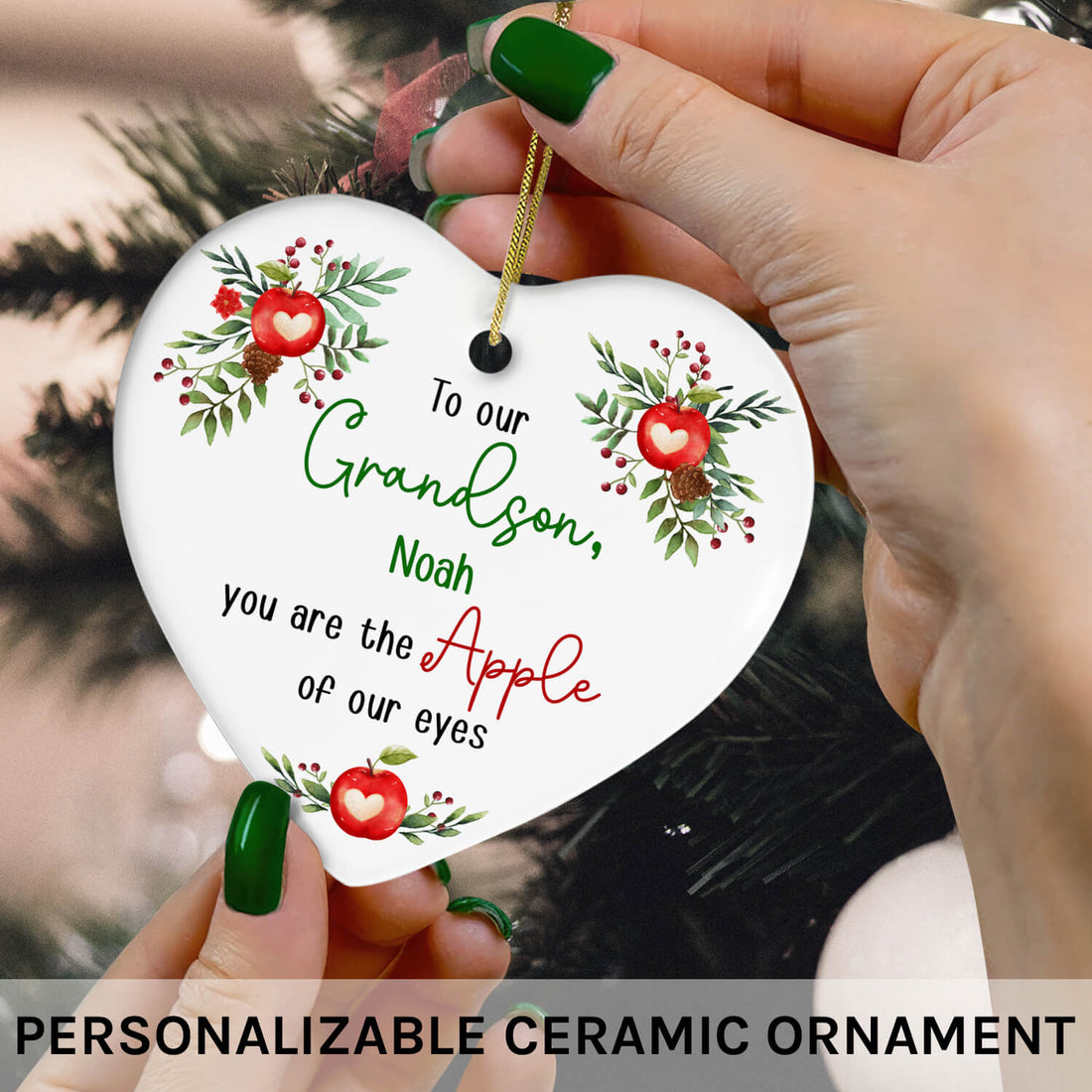 To our Grandson - Personalized Birthday or Christmas gift For Grandson - Custom Heart Ceramic Ornament - Elizabeth Fashions