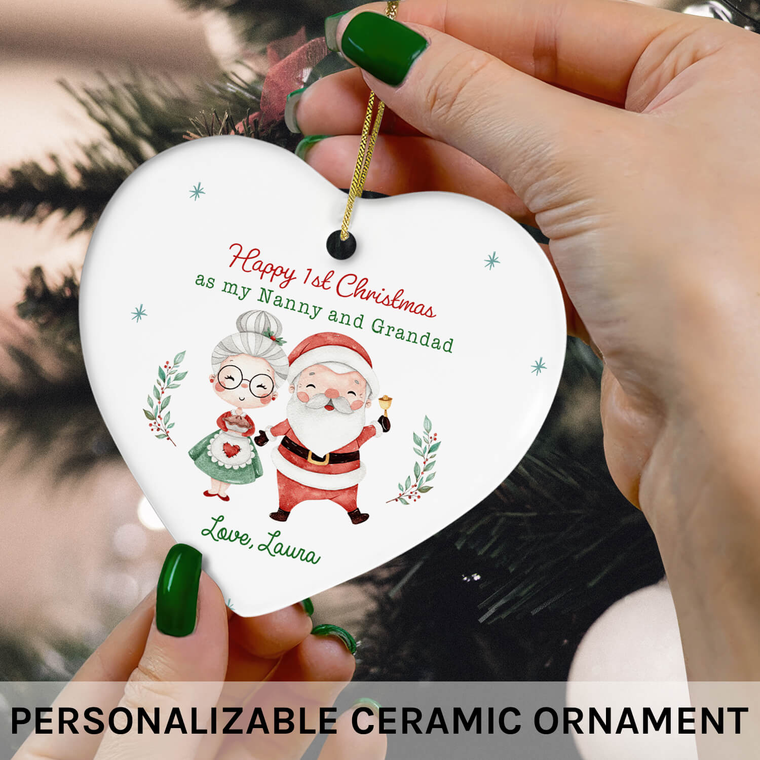 1st Christmas As My Nanny And Grandad - Personalized First Christmas gift For Grandparents - Custom Heart Ceramic Ornament - Elizabeth Fashions
