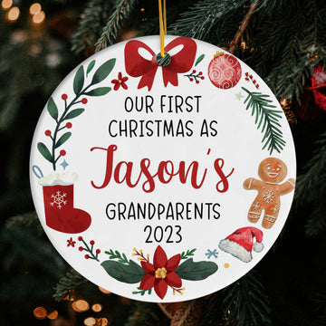 First Christmas As Grandparents - Personalized First Christmas gift For Grandparents - Custom Circle Ceramic Ornament - Elizabeth Fashions