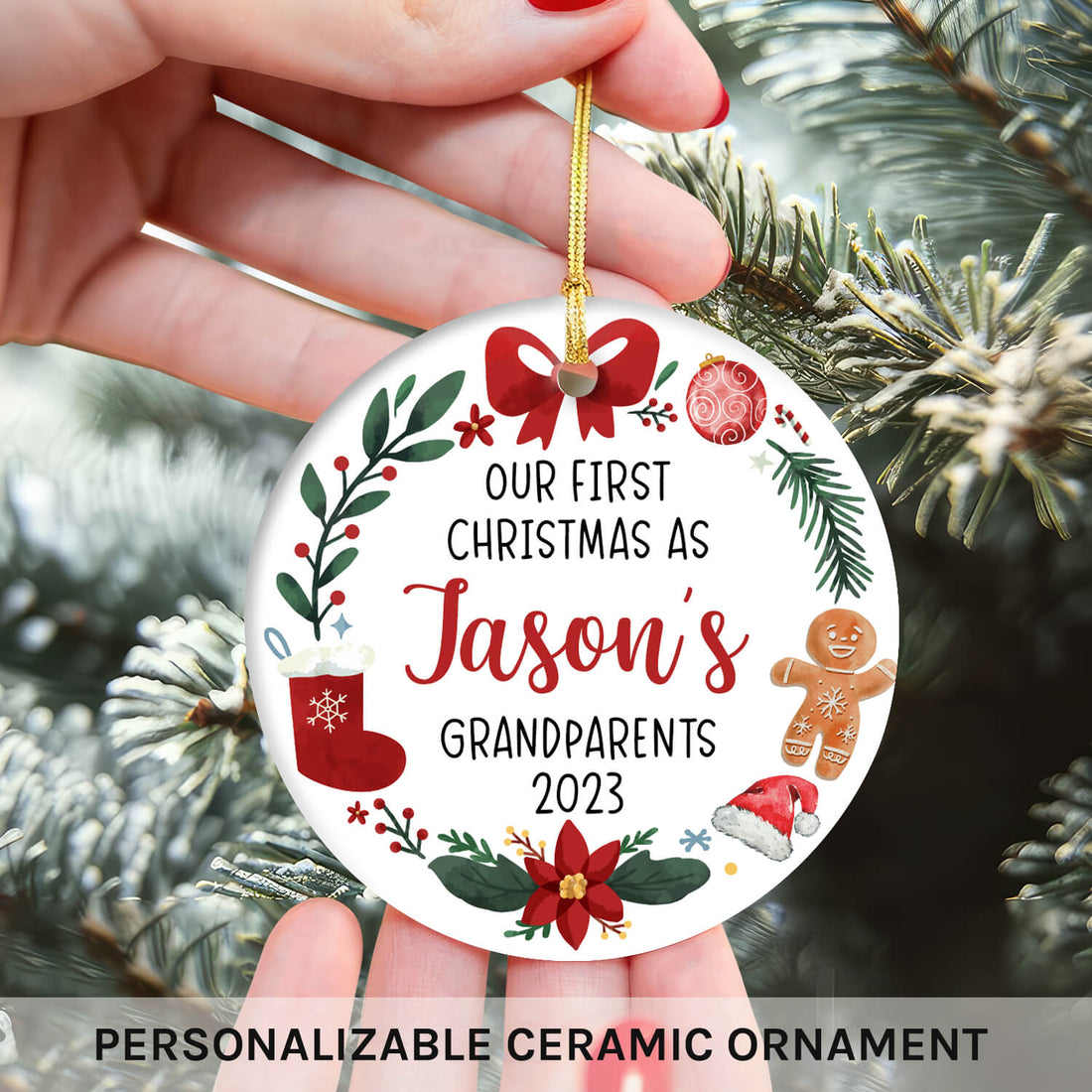 First Christmas As Grandparents - Personalized First Christmas gift For Grandparents - Custom Circle Ceramic Ornament - Elizabeth Fashions