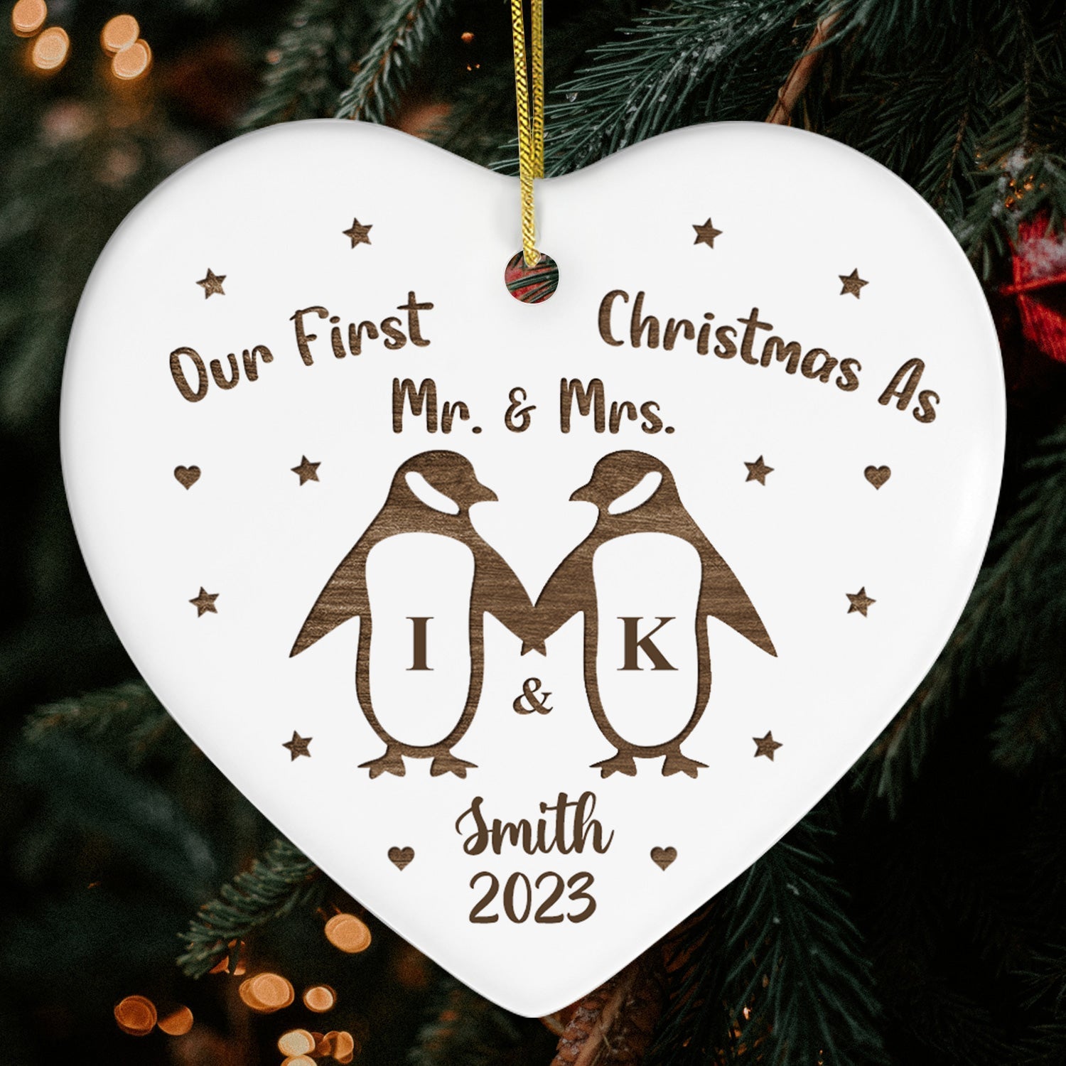 Our First Christmas as Mr. & Mrs. - Personalized First Christmas gift For Husband or Wife - Custom Heart Ceramic Ornament - Elizabeth Fashions