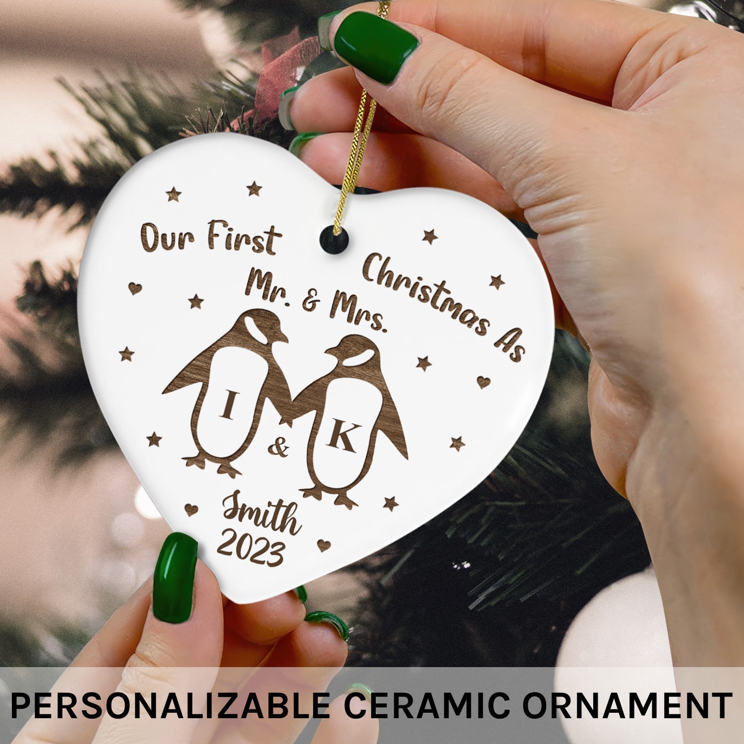 Our First Christmas as Mr. & Mrs. - Personalized First Christmas gift For Husband or Wife - Custom Heart Ceramic Ornament - Elizabeth Fashions