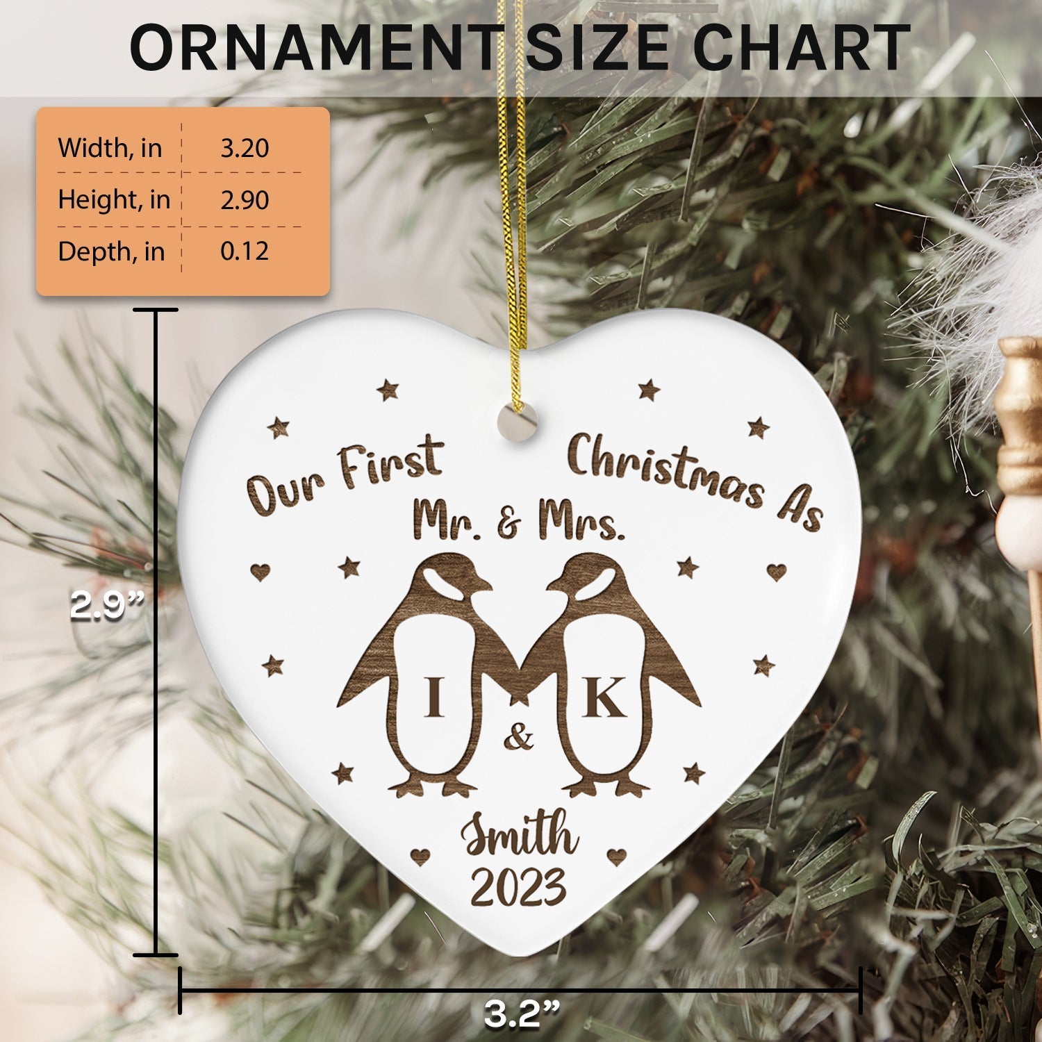 Our First Christmas as Mr. & Mrs. - Personalized First Christmas gift For Husband or Wife - Custom Heart Ceramic Ornament - Elizabeth Fashions