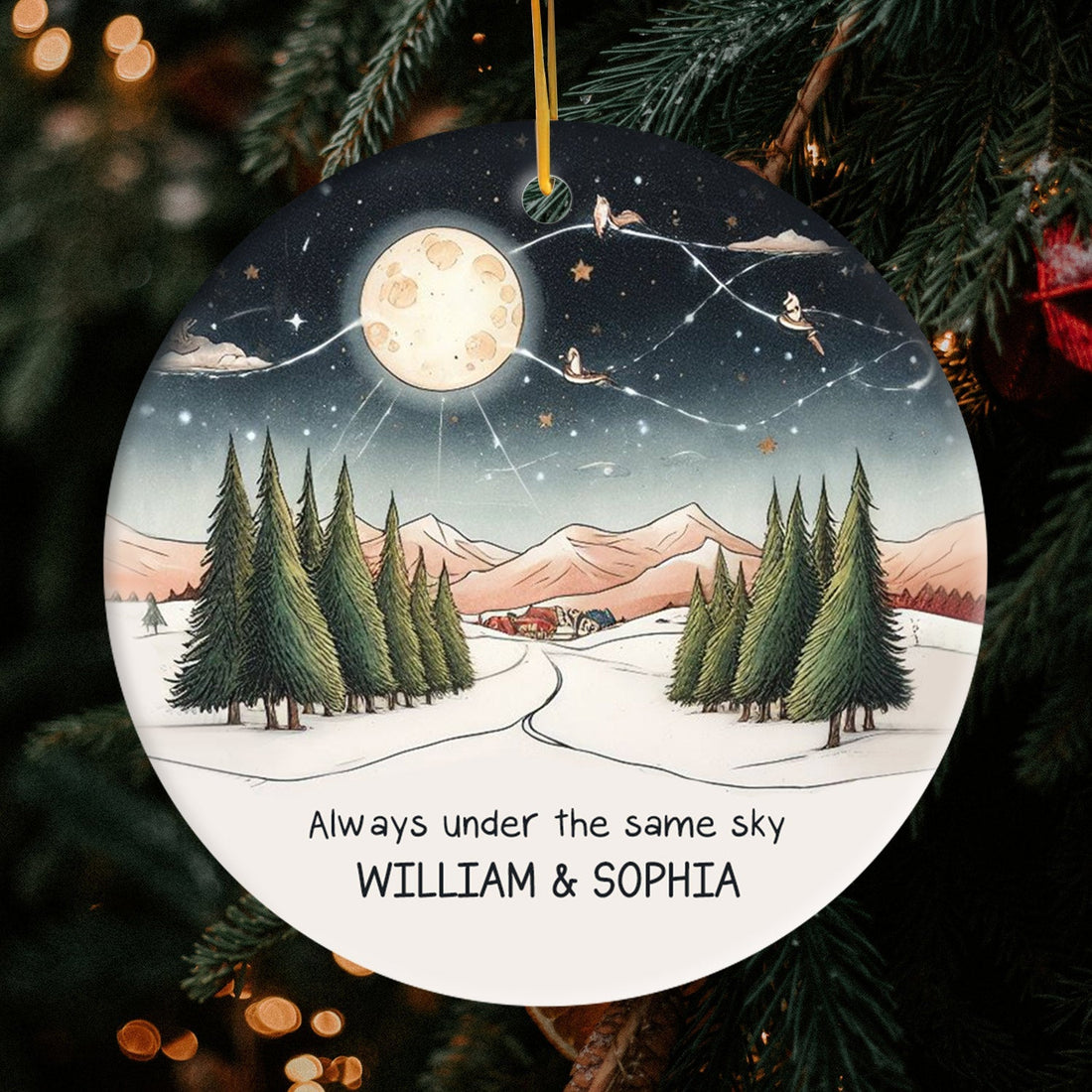 Always Under The Same Sky - Personalized Christmas gift For Long Distance Couple or Friends - Custom Circle Ceramic Ornament - Elizabeth Fashions