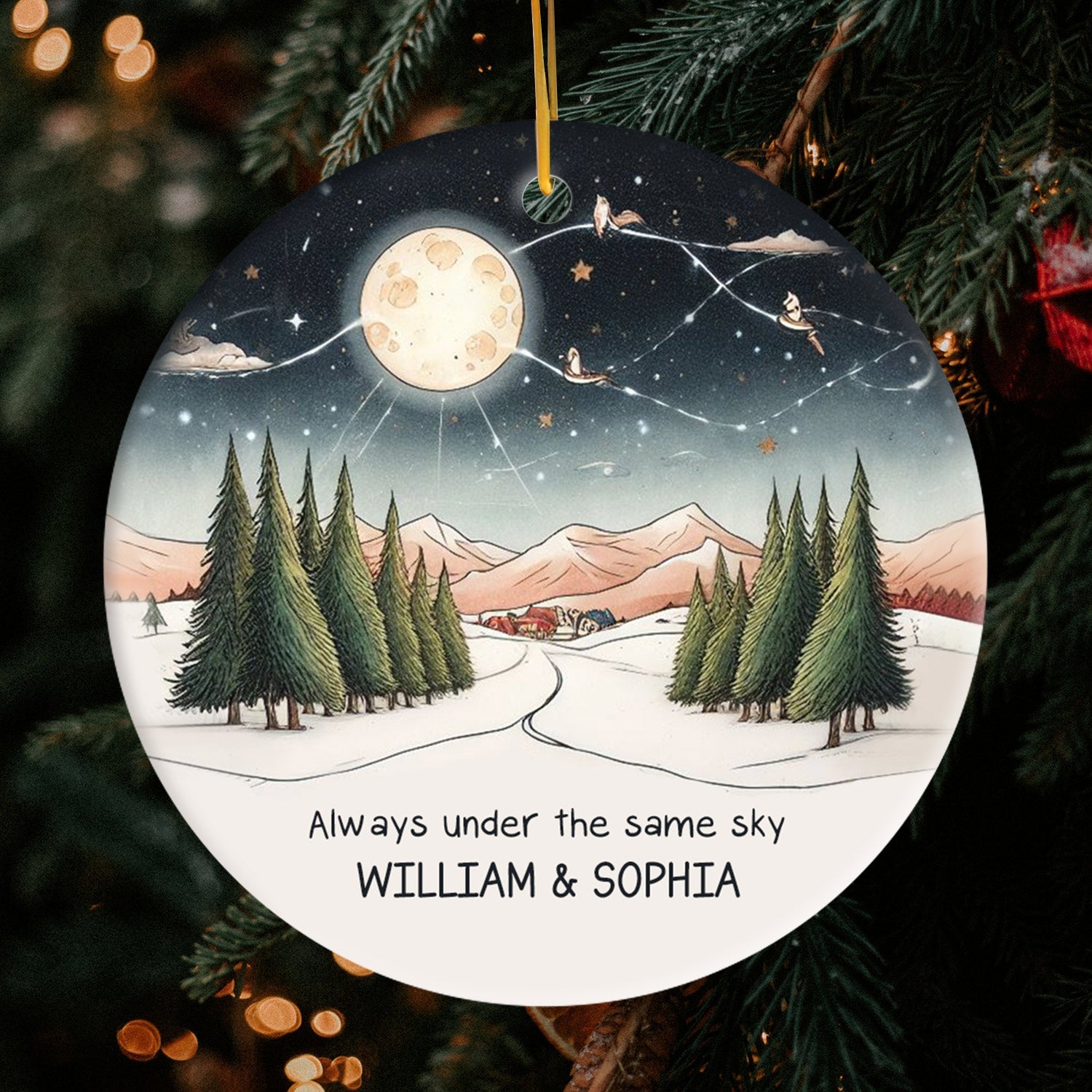 Always Under The Same Sky - Personalized Christmas gift For Long Distance Couple or Friends - Custom Circle Ceramic Ornament - Elizabeth Fashions