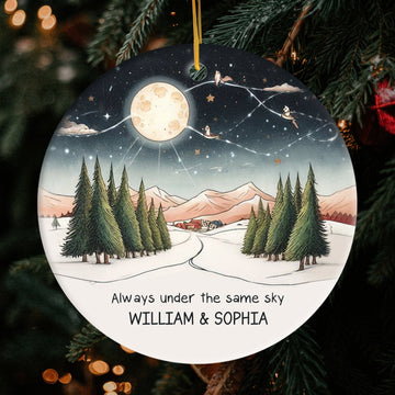 Always Under The Same Sky - Personalized Christmas gift For Long Distance Couple or Friends - Custom Circle Ceramic Ornament - Elizabeth Fashions