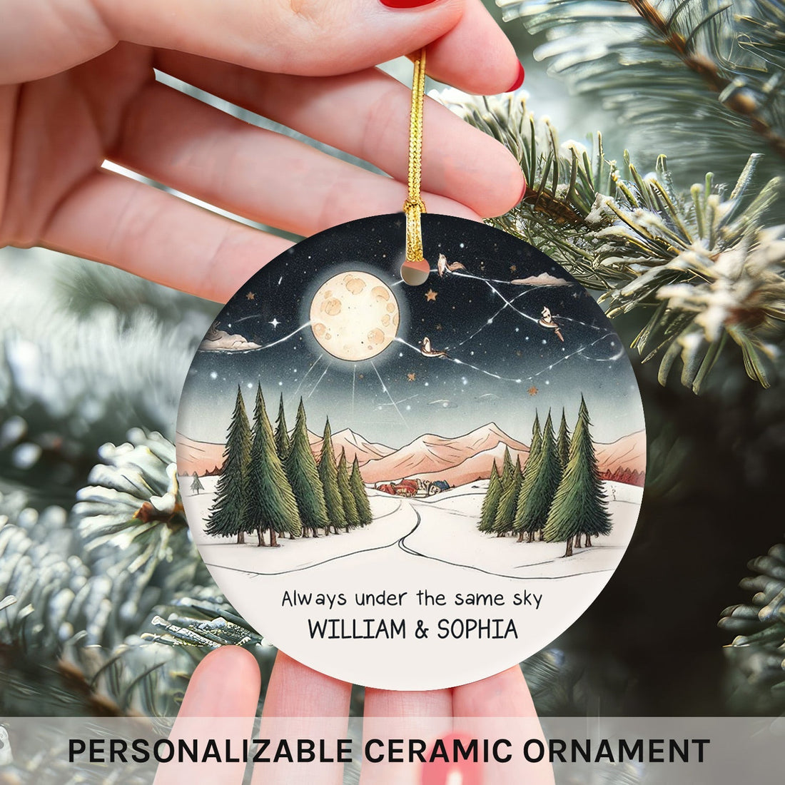 Always Under The Same Sky - Personalized Christmas gift For Long Distance Couple or Friends - Custom Circle Ceramic Ornament - Elizabeth Fashions