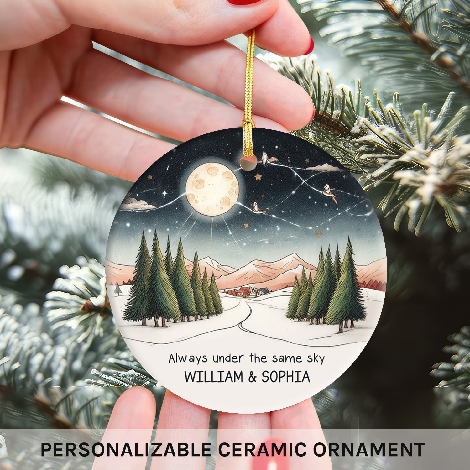 Always Under The Same Sky - Personalized Christmas gift For Long Distance Couple or Friends - Custom Circle Ceramic Ornament - Elizabeth Fashions