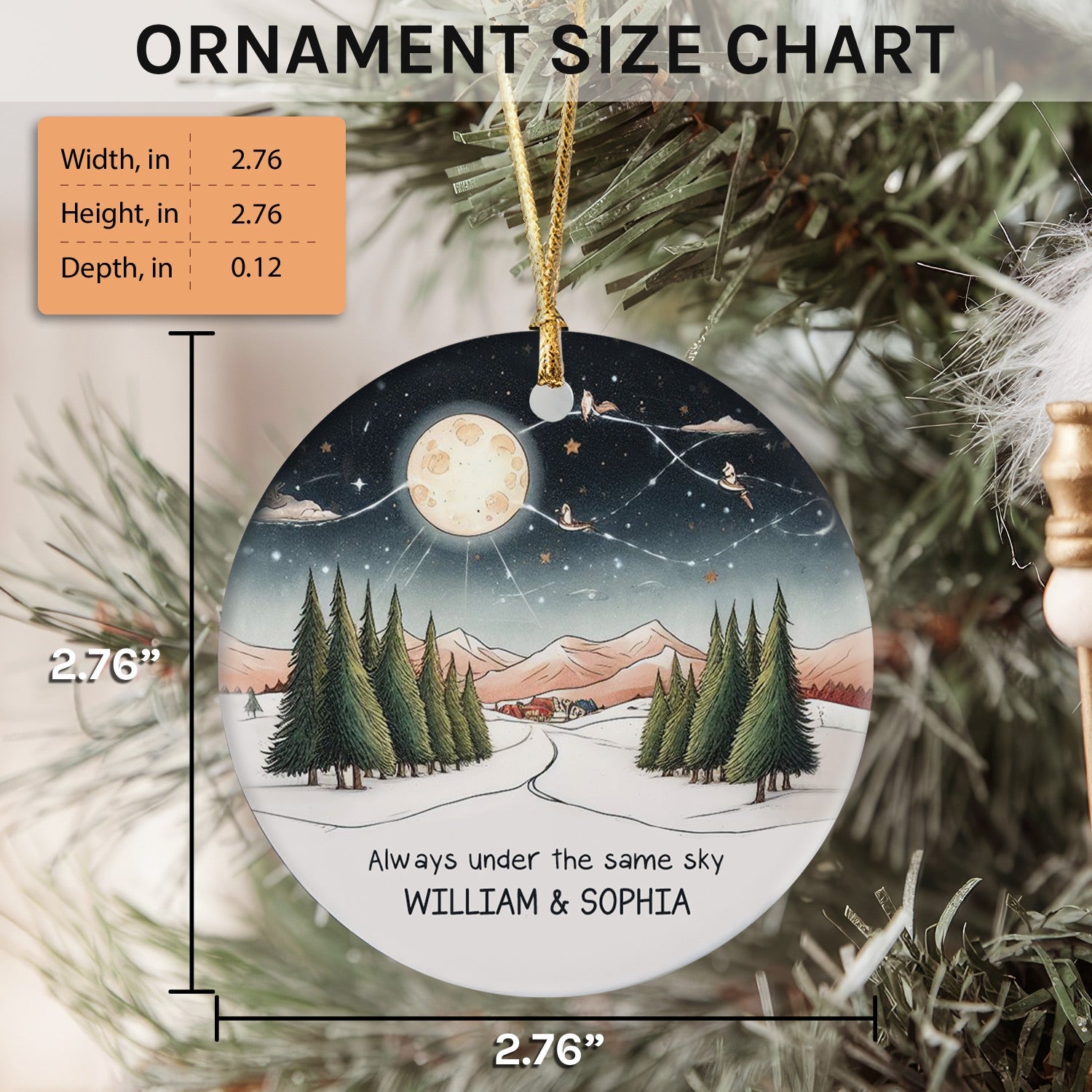 Always Under The Same Sky - Personalized Christmas gift For Long Distance Couple or Friends - Custom Circle Ceramic Ornament - Elizabeth Fashions