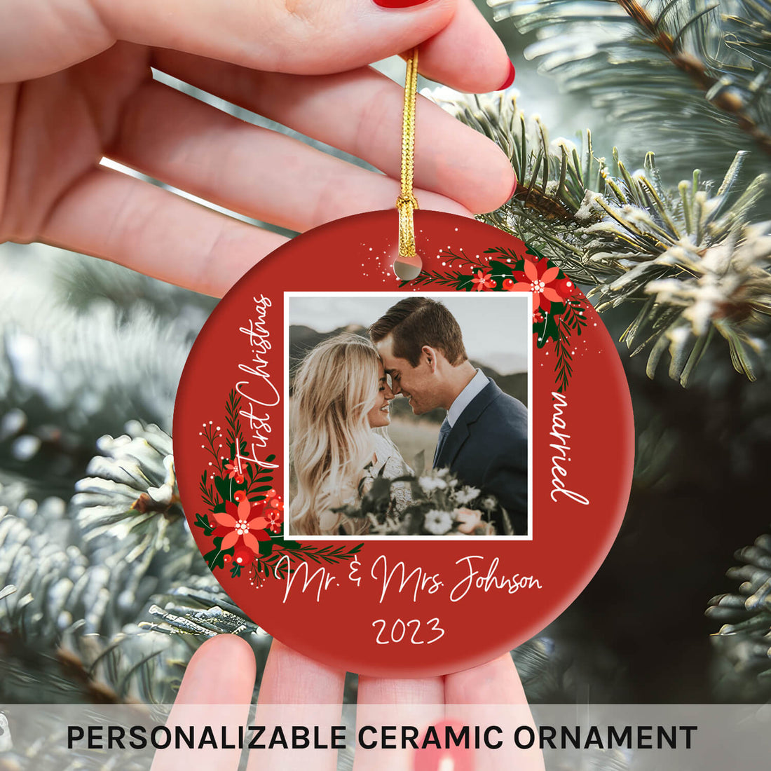 First Christmas Cranberry & Foliage - Personalized First Christmas Married gift For Husband or Wife - Custom Circle Ceramic Ornament - Elizabeth Fashions