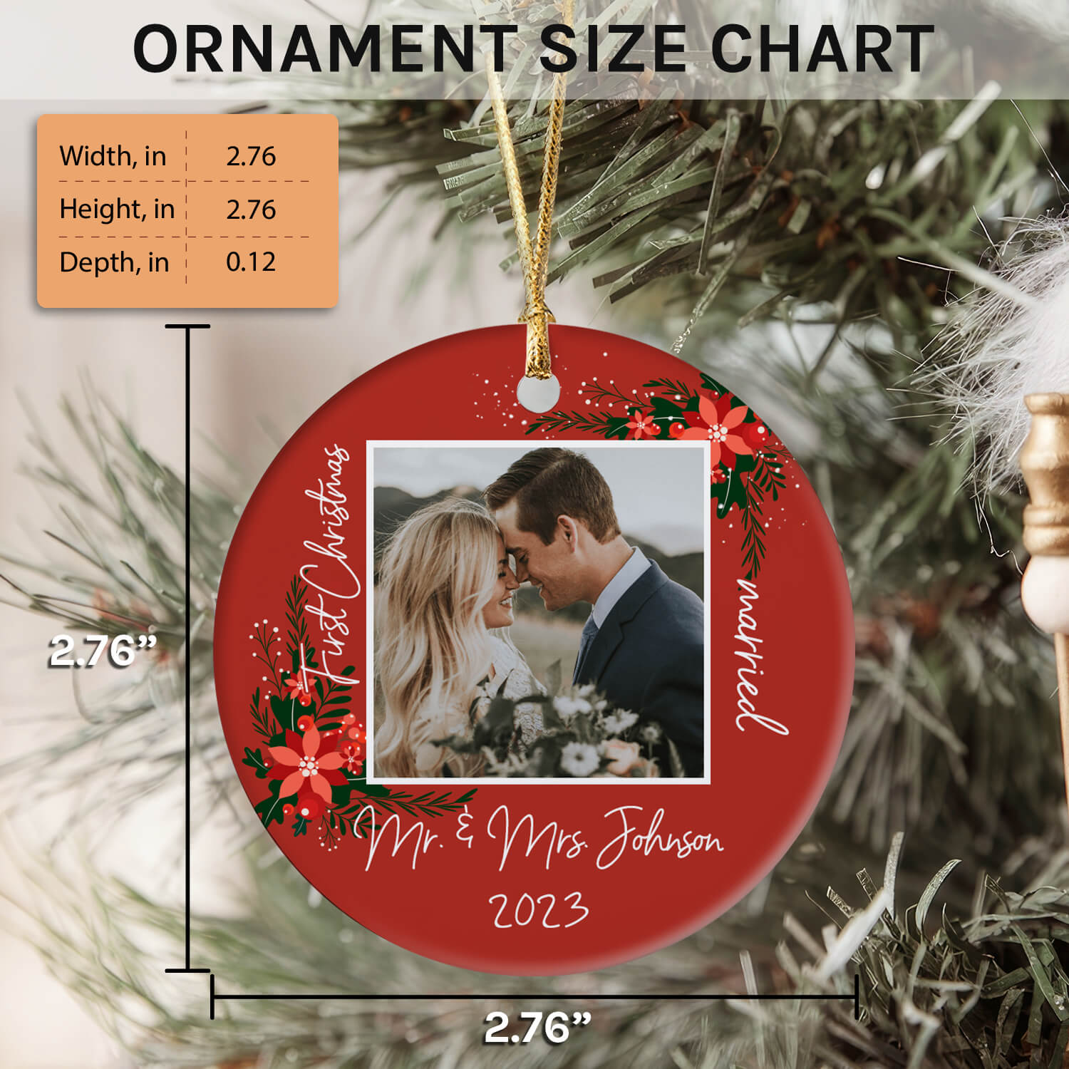 First Christmas Cranberry & Foliage - Personalized First Christmas Married gift For Husband or Wife - Custom Circle Ceramic Ornament - Elizabeth Fashions