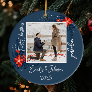 Cranberry & Foliage - Personalized First Christmas Engaged gift For Fiance - Custom Circle Ceramic Ornament - Elizabeth Fashions