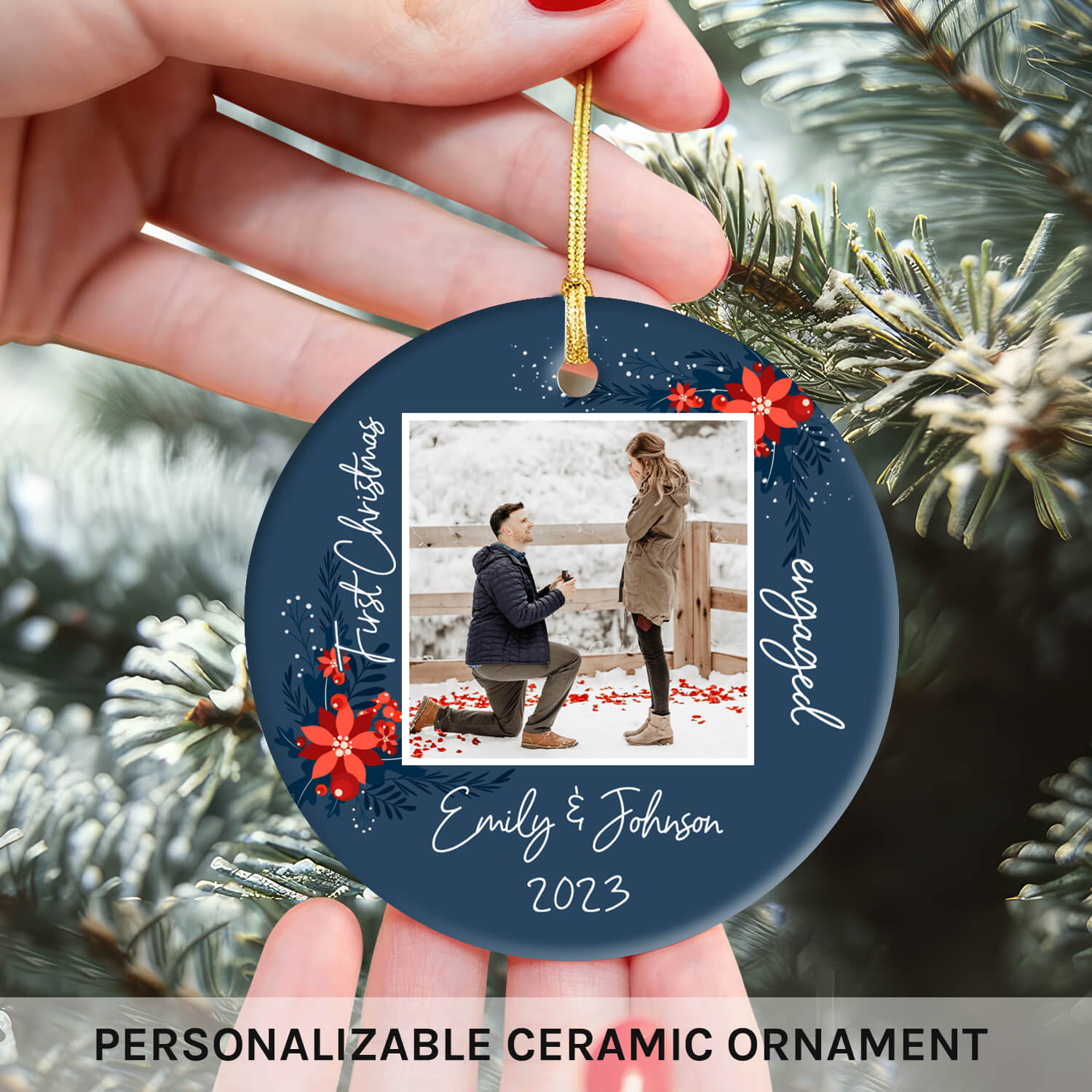 Cranberry & Foliage - Personalized First Christmas Engaged gift For Fiance - Custom Circle Ceramic Ornament - Elizabeth Fashions