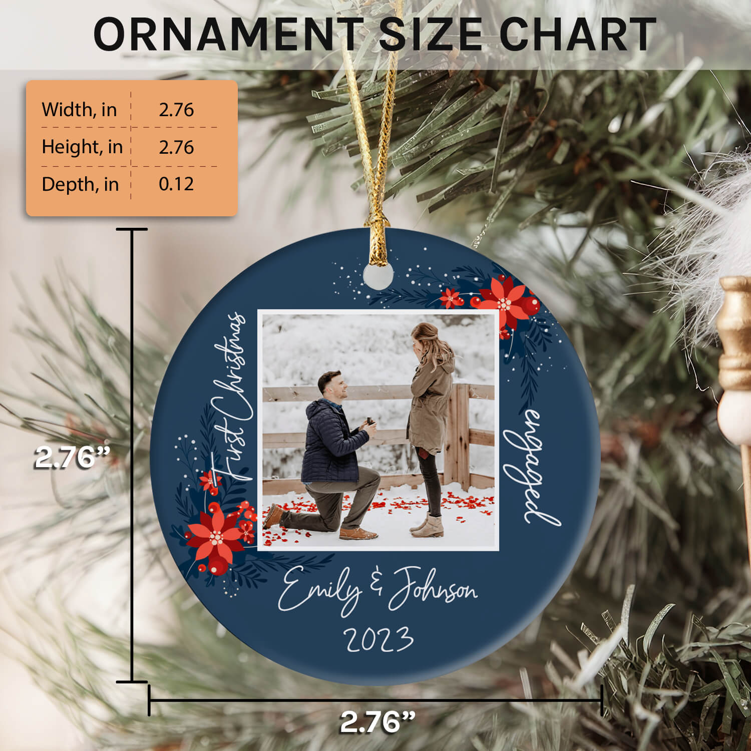 Cranberry & Foliage - Personalized First Christmas Engaged gift For Fiance - Custom Circle Ceramic Ornament - Elizabeth Fashions