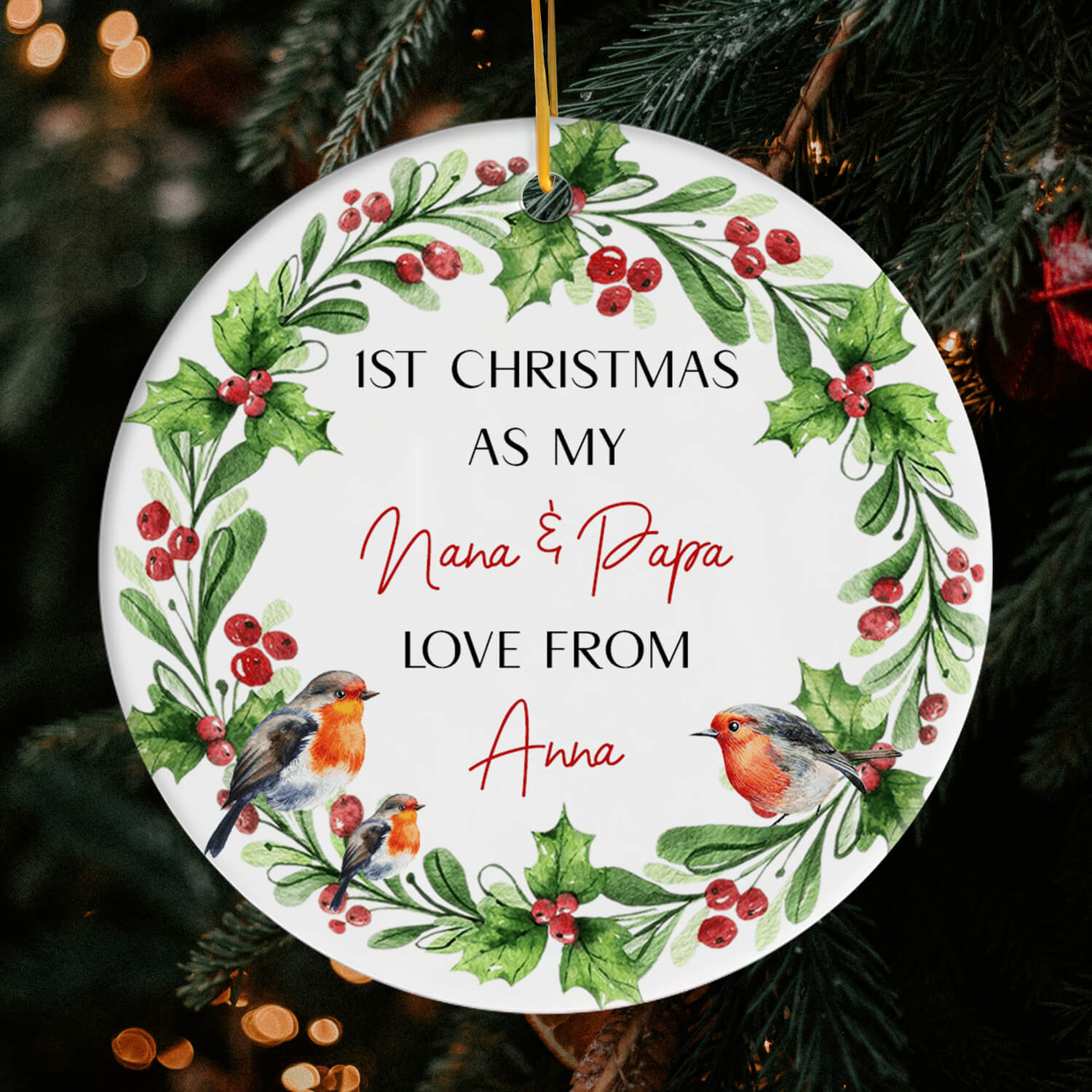1st Christmas As My Nana & Papa - Personalized First Christmas gift For Grandparents - Custom Circle Ceramic Ornament - Elizabeth Fashions