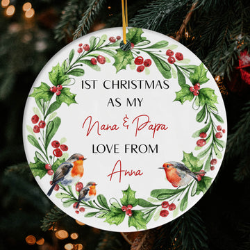 1st Christmas As My Nana & Papa - Personalized First Christmas gift For Grandparents - Custom Circle Ceramic Ornament - Elizabeth Fashions