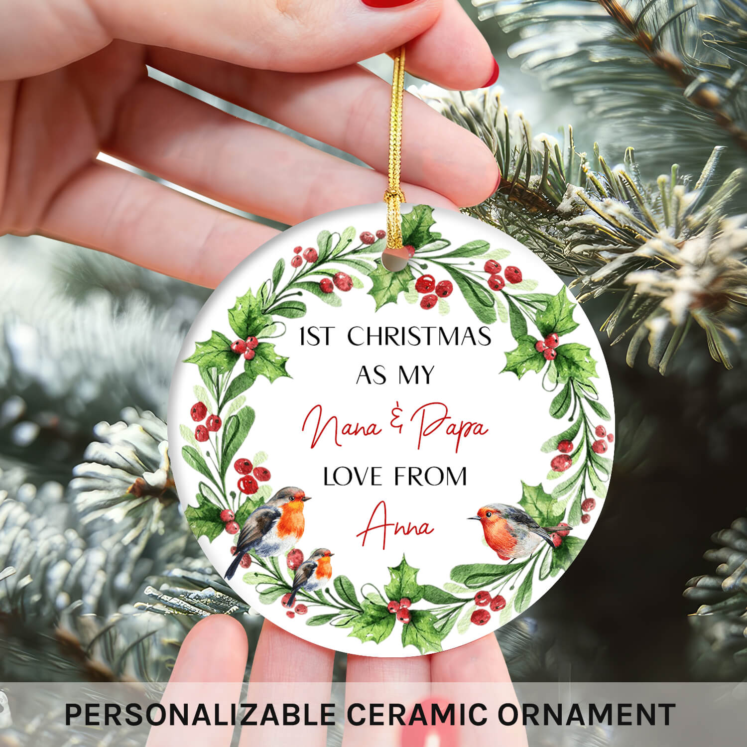 1st Christmas As My Nana & Papa - Personalized First Christmas gift For Grandparents - Custom Circle Ceramic Ornament - Elizabeth Fashions