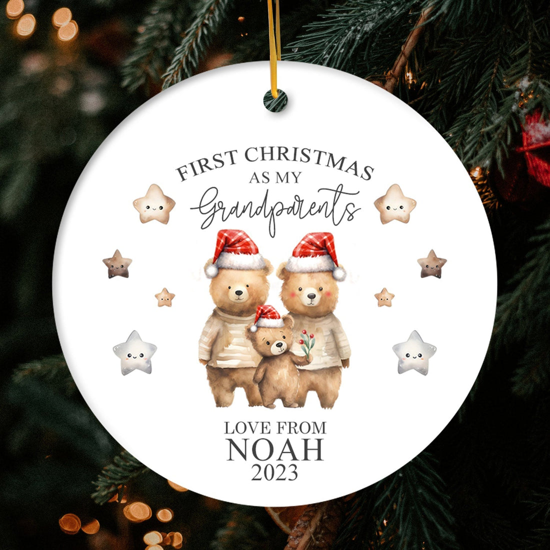 Bear Ornament - Personalized First Christmas gift For Grandparents - Custom Circle Ceramic Ornament - Elizabeth Fashions