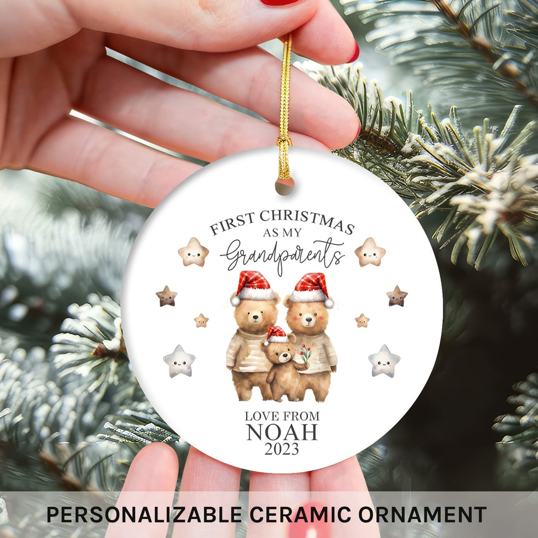Bear Ornament - Personalized First Christmas gift For Grandparents - Custom Circle Ceramic Ornament - Elizabeth Fashions