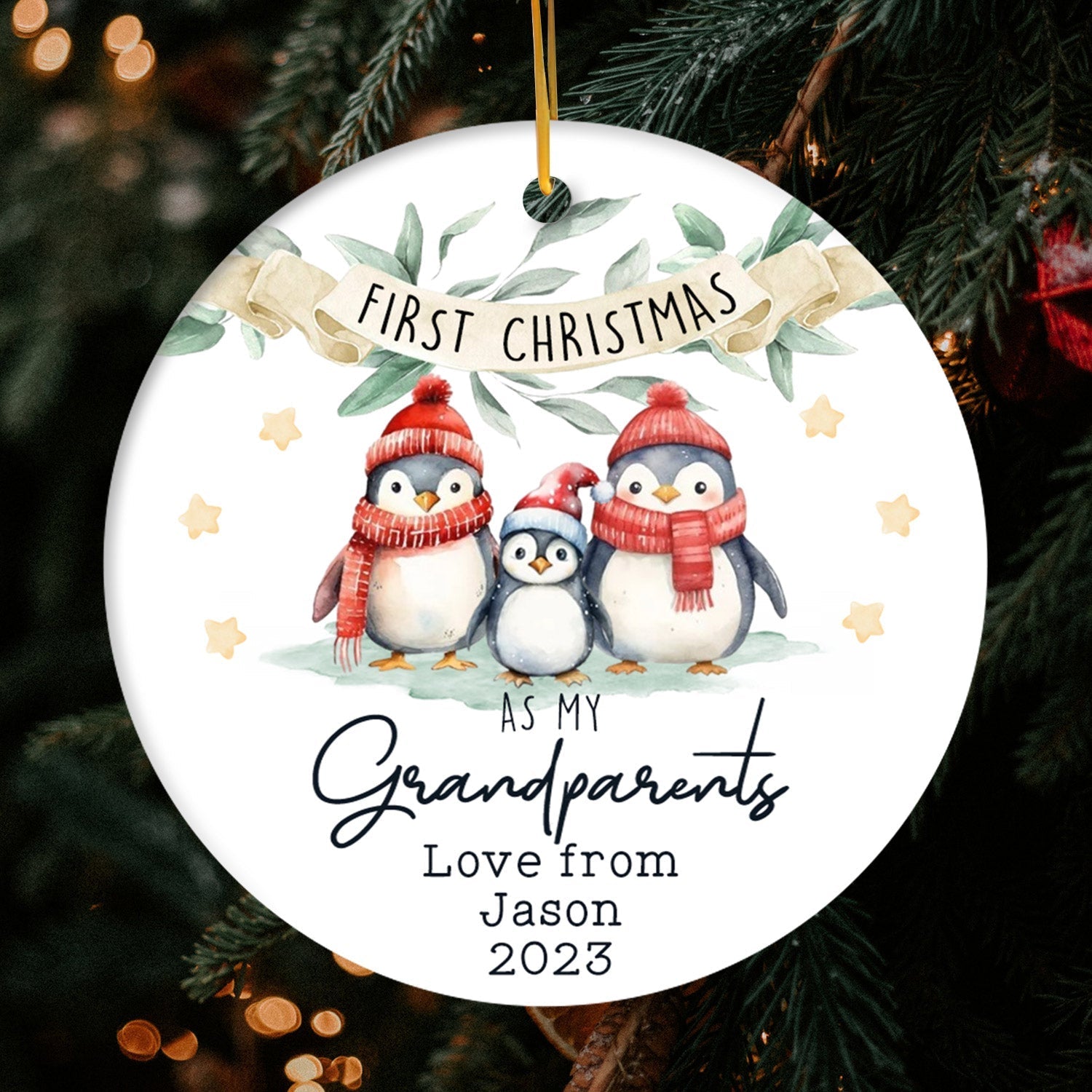 Penguin Ornament - Personalized First Christmas gift For Grandparents - Custom Circle Ceramic Ornament - Elizabeth Fashions