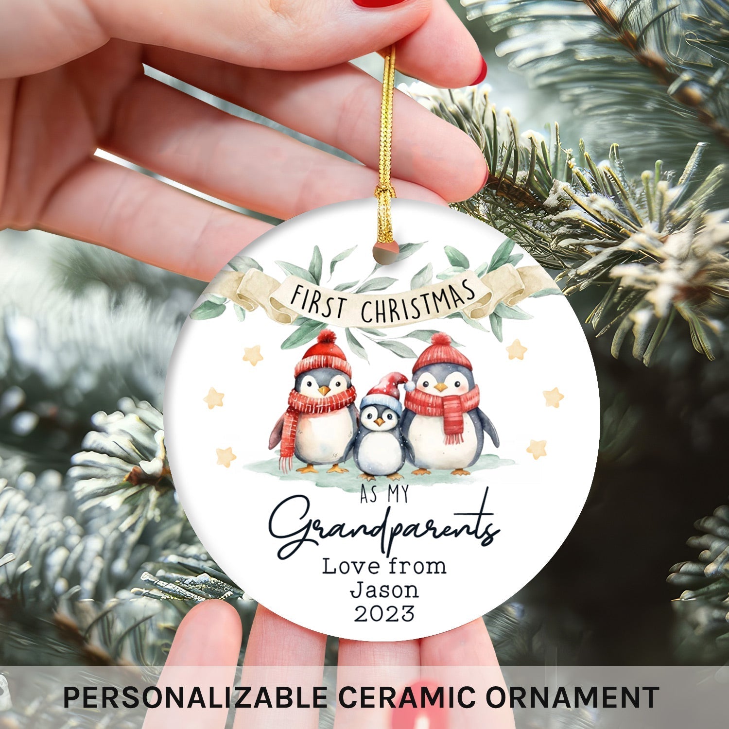 Penguin Ornament - Personalized First Christmas gift For Grandparents - Custom Circle Ceramic Ornament - Elizabeth Fashions