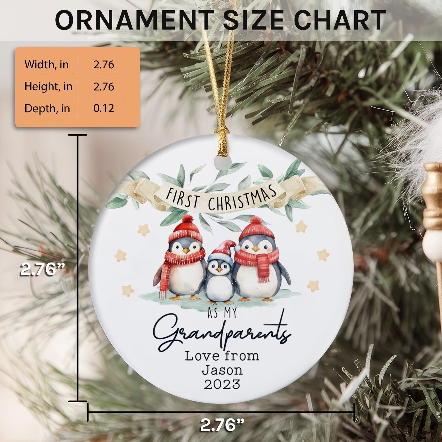 Penguin Ornament - Personalized First Christmas gift For Grandparents - Custom Circle Ceramic Ornament - Elizabeth Fashions