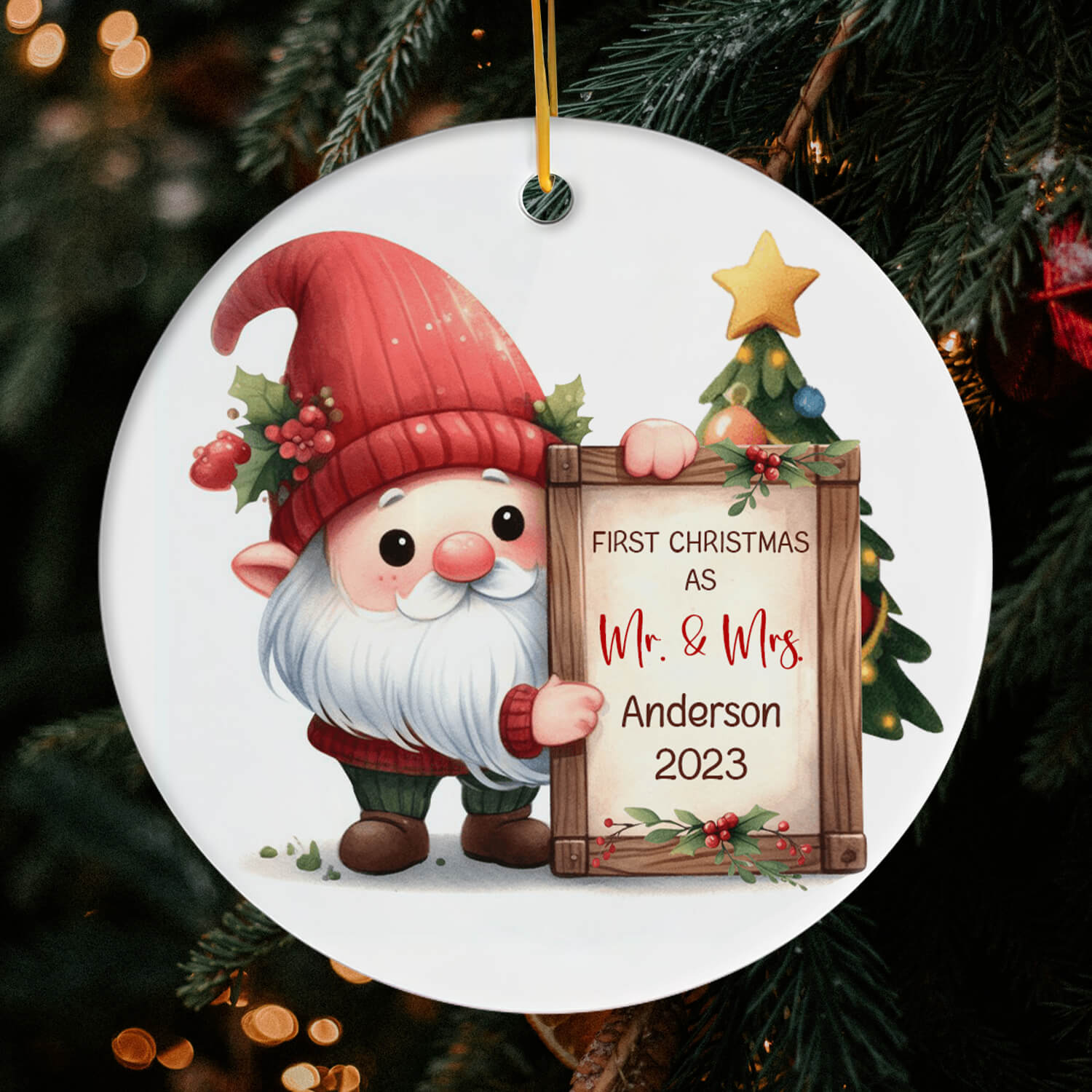 Gnome First Christmas Married - Personalized First Christmas gift For Husband or Wife - Custom Circle Ceramic Ornament - Elizabeth Fashions