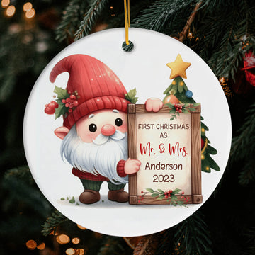 Gnome First Christmas Married - Personalized First Christmas gift For Husband or Wife - Custom Circle Ceramic Ornament - Elizabeth Fashions