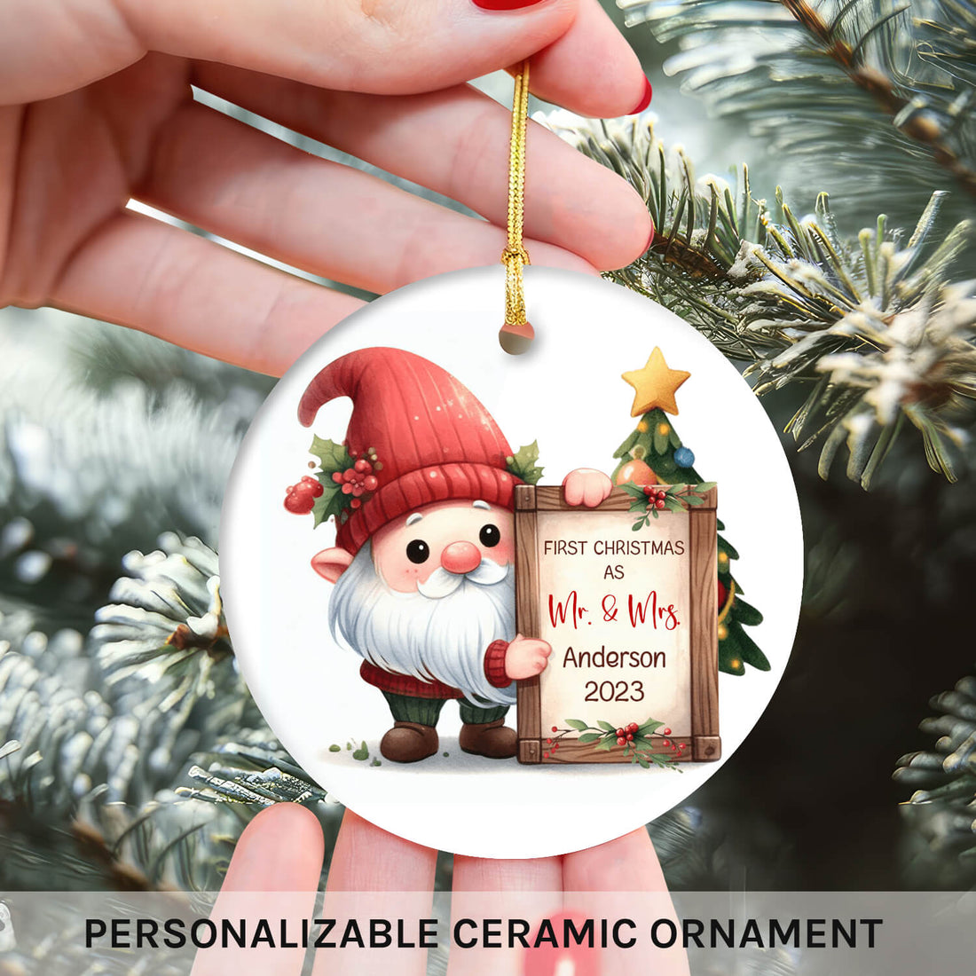 Gnome First Christmas Married - Personalized First Christmas gift For Husband or Wife - Custom Circle Ceramic Ornament - Elizabeth Fashions