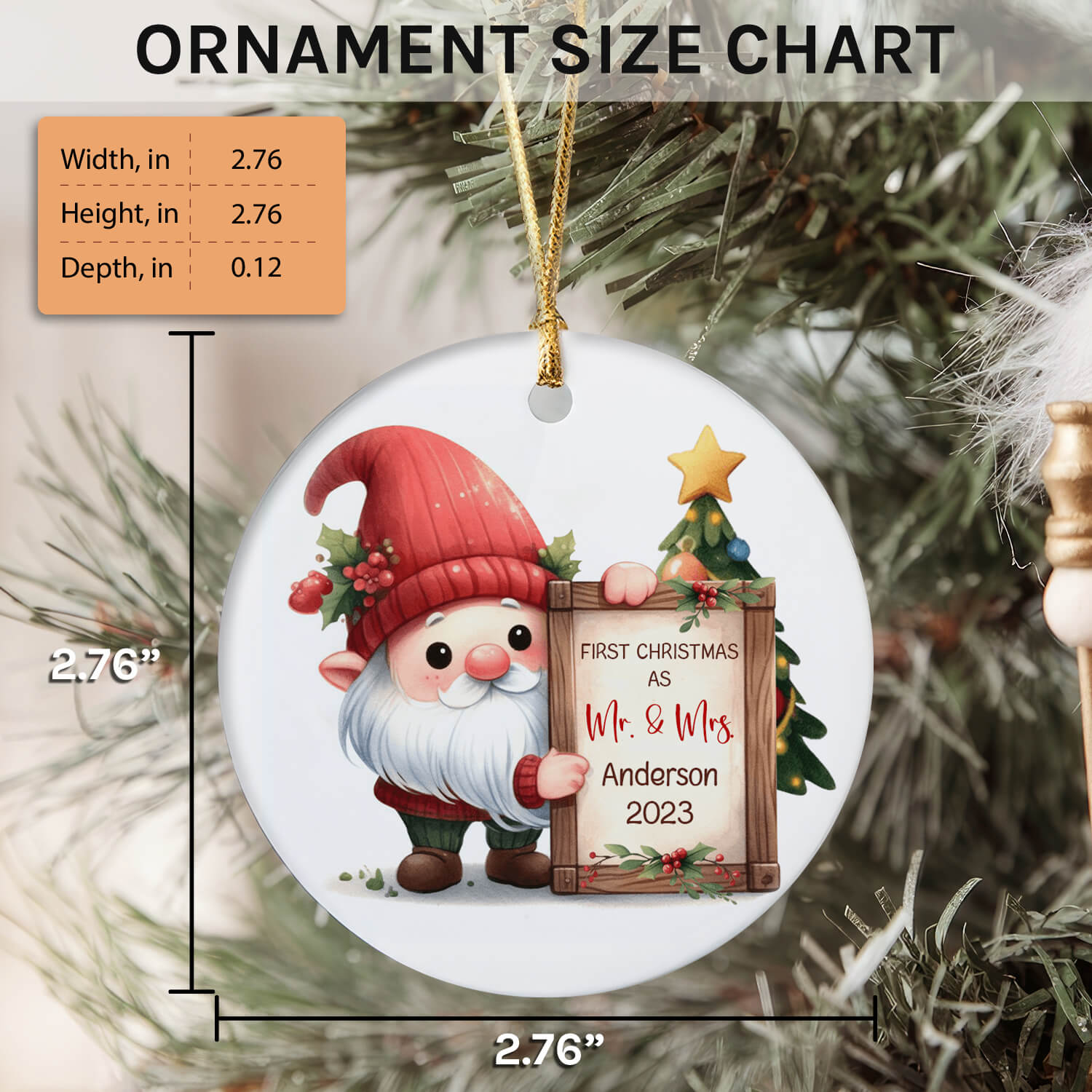 Gnome First Christmas Married - Personalized First Christmas gift For Husband or Wife - Custom Circle Ceramic Ornament - Elizabeth Fashions