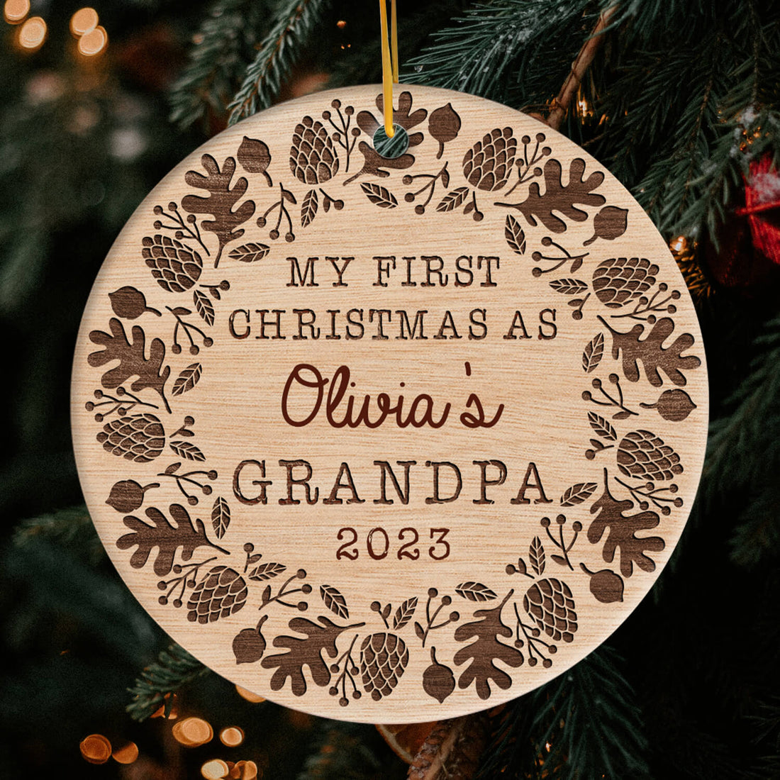 First Christmas As Grandpa - Personalized First Christmas gift For Grandpa - Custom Circle Ceramic Ornament - Elizabeth Fashions