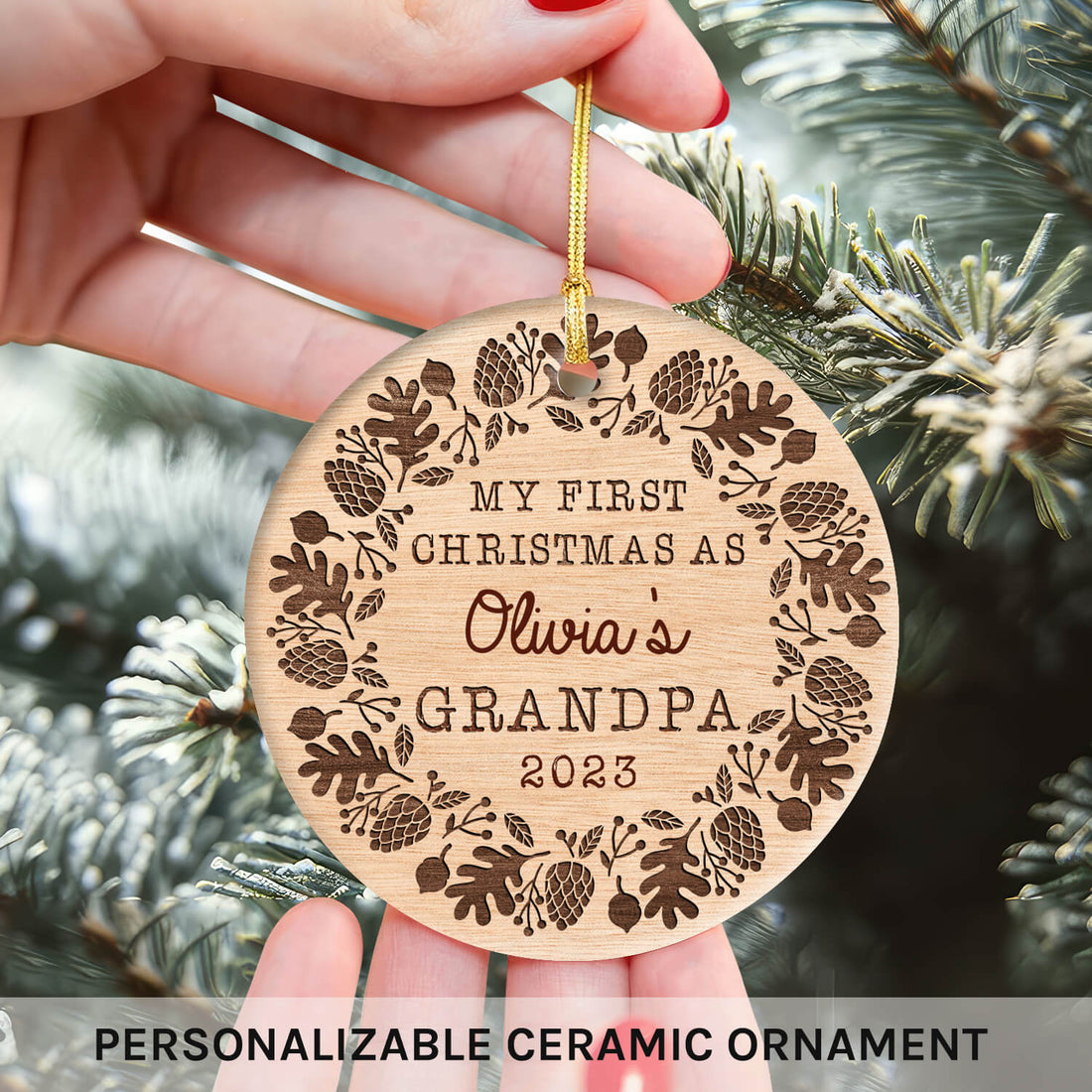 First Christmas As Grandpa - Personalized First Christmas gift For Grandpa - Custom Circle Ceramic Ornament - Elizabeth Fashions