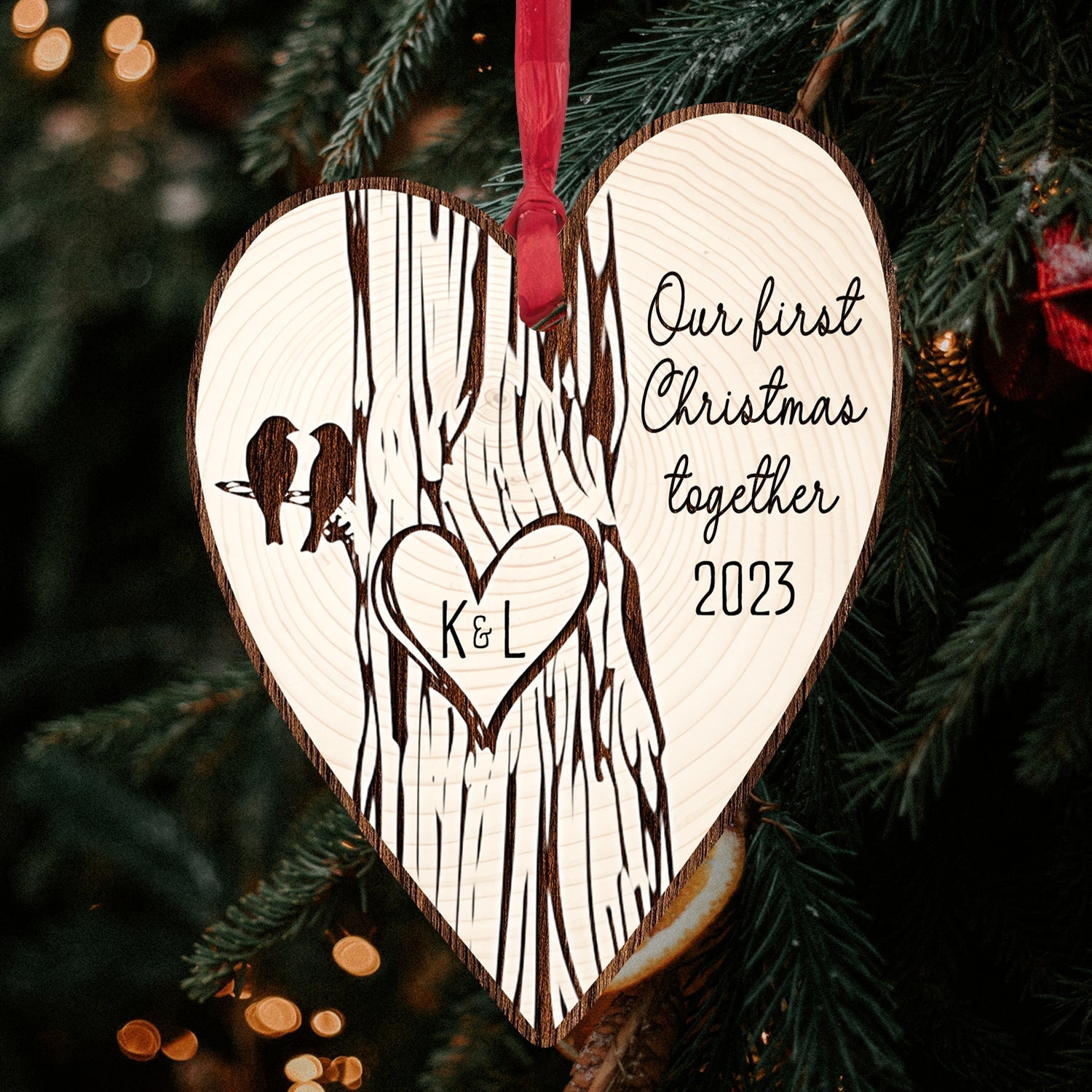 Our First Christmas Together - Personalized First Christmas gift For Husband or Wife - Custom Heart Wooden Ornament - Elizabeth Fashions