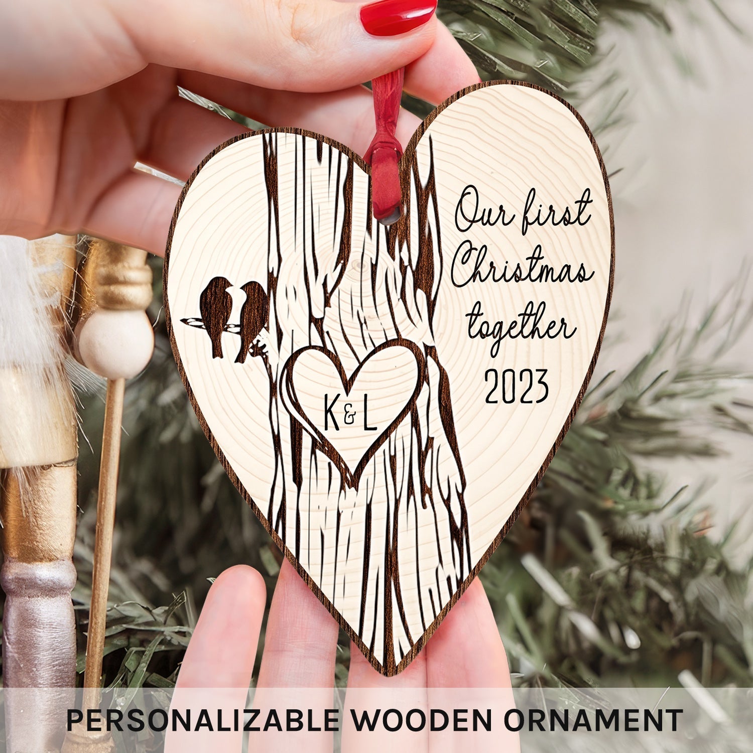 Our First Christmas Together - Personalized First Christmas gift For Husband or Wife - Custom Heart Wooden Ornament - Elizabeth Fashions