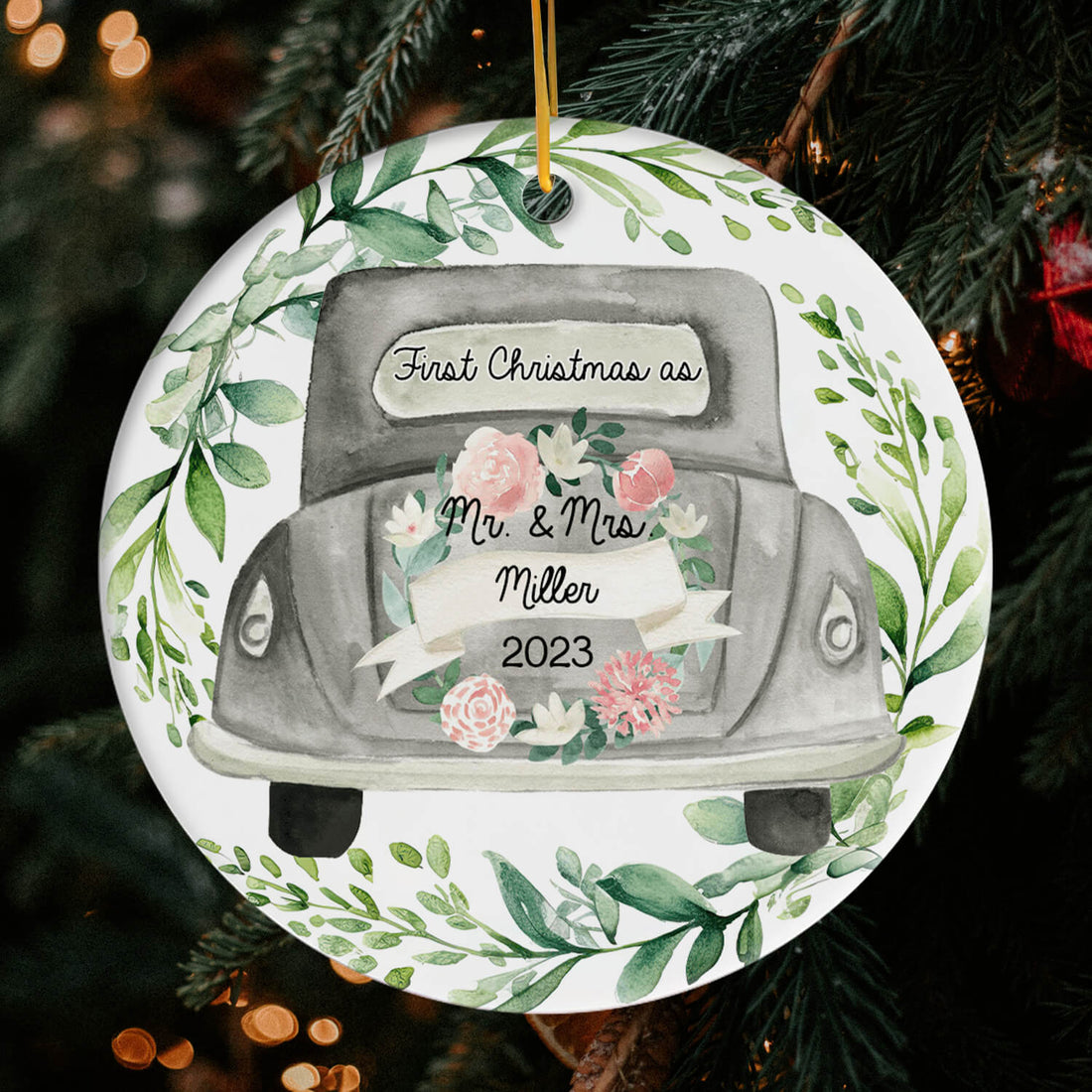 First Christmas as Mr. & Mrs. - Personalized First Christmas gift For Husband or Wife - Custom Circle Ceramic Ornament - Elizabeth Fashions