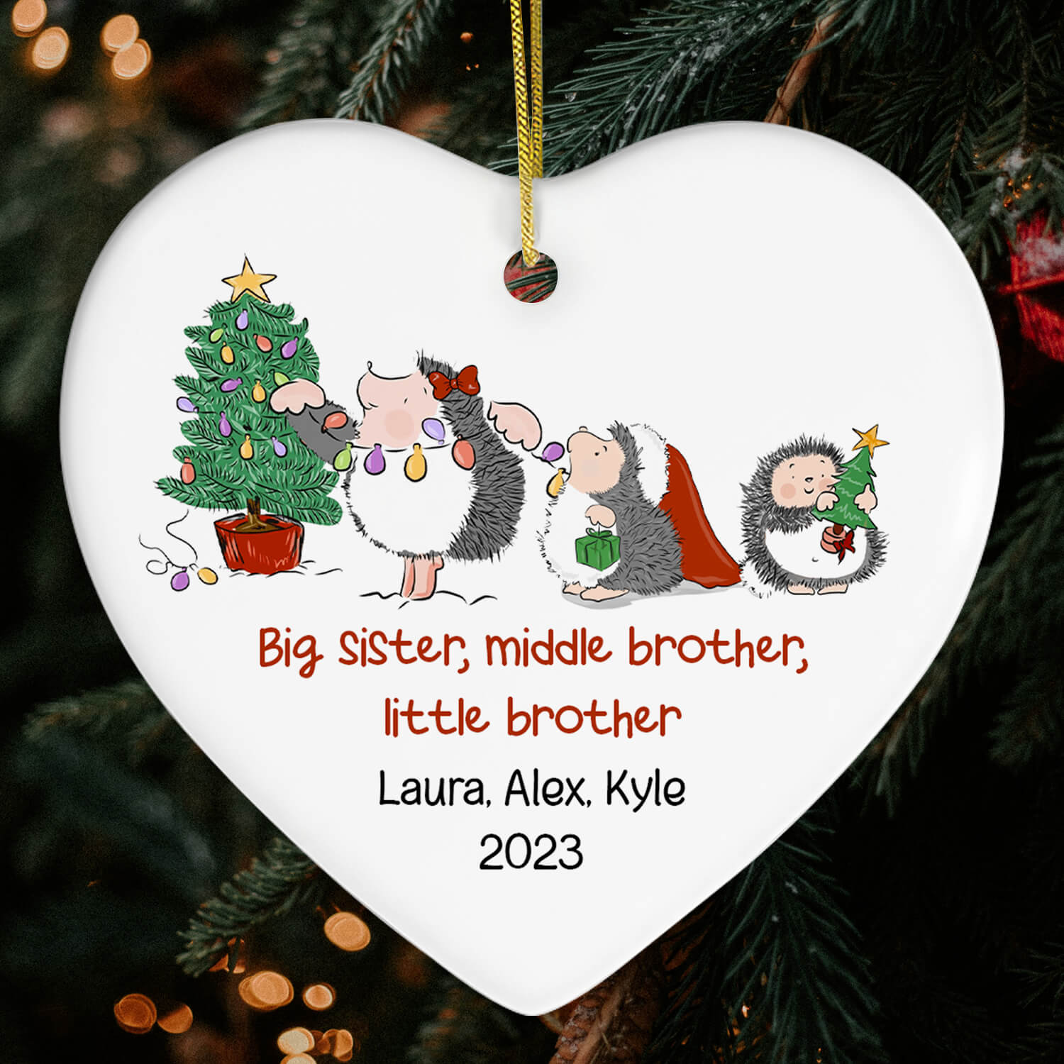 Hedgehog Siblings - Personalized Christmas gift For Siblings - Custom Heart Ceramic Ornament - Elizabeth Fashions