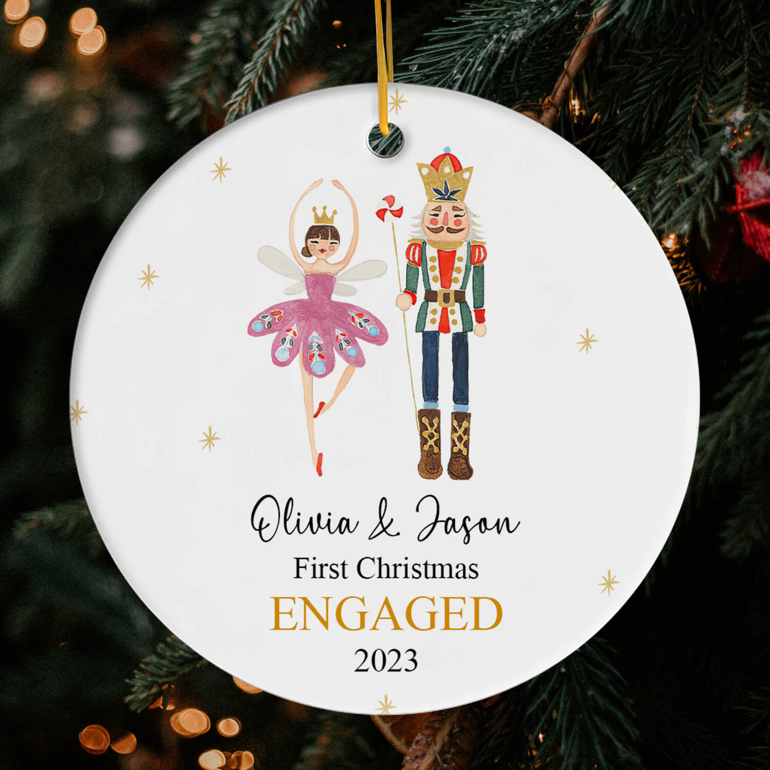 First Christmas Engaged Nutcracker - Personalized First Christmas gift For Fiance - Custom Circle Ceramic Ornament - Elizabeth Fashions