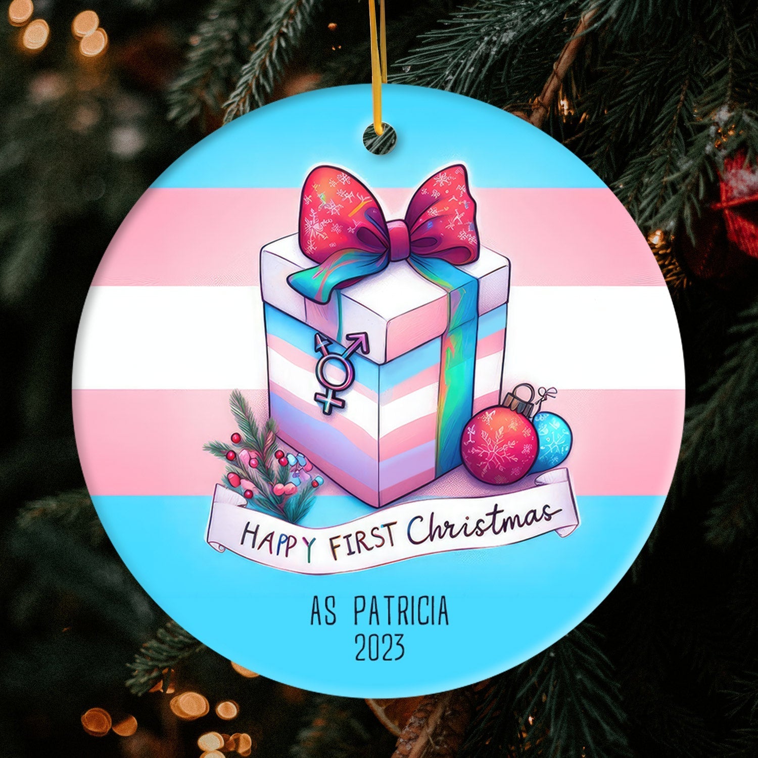 Transgender Gift Box Ornament - Personalized First Christmas gift For Transgender - Custom Circle Ceramic Ornament - Elizabeth Fashions