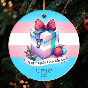 Transgender Gift Box Ornament - Personalized First Christmas gift For Transgender - Custom Circle Ceramic Ornament - Elizabeth Fashions