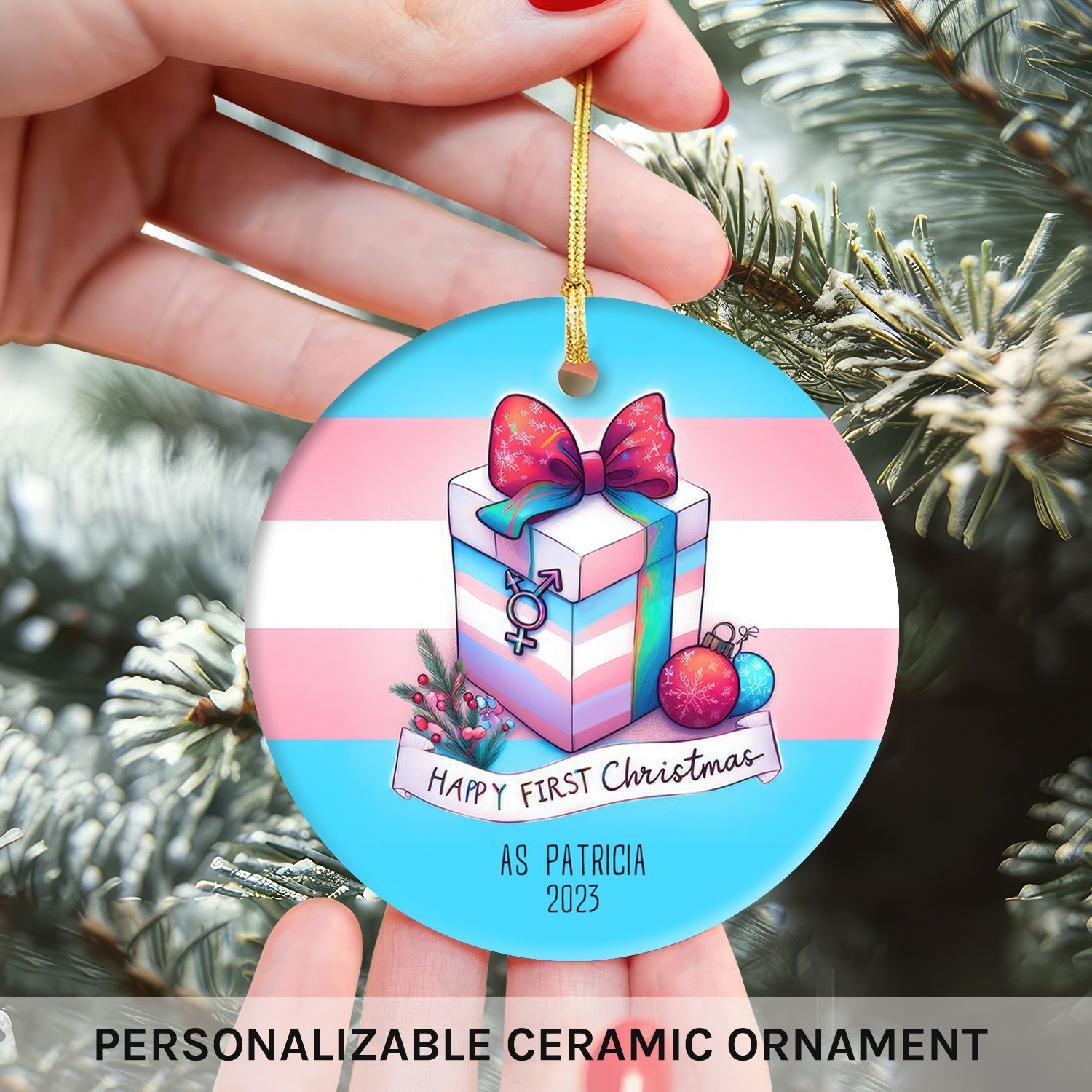 Transgender Gift Box Ornament - Personalized First Christmas gift For Transgender - Custom Circle Ceramic Ornament - Elizabeth Fashions