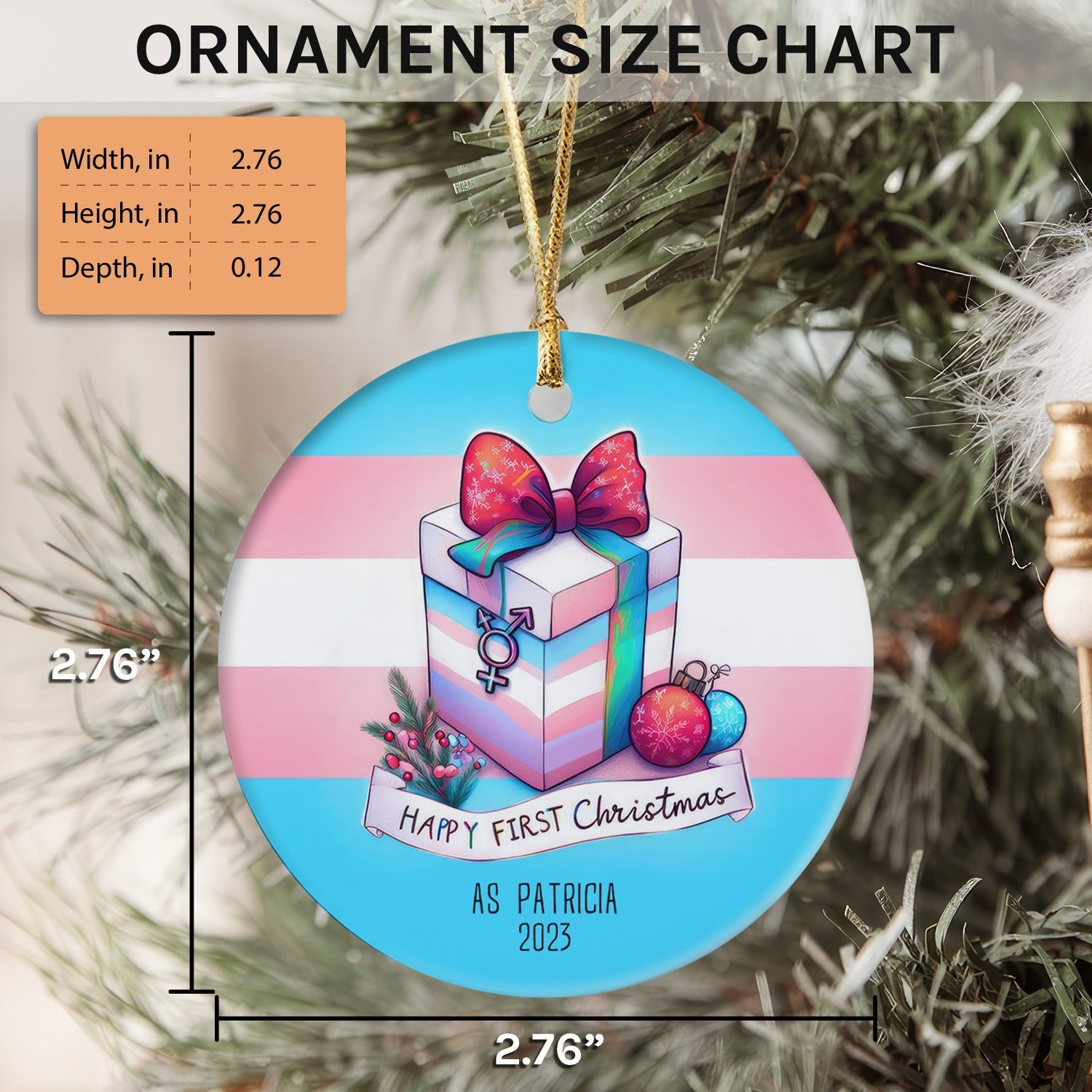 Transgender Gift Box Ornament - Personalized First Christmas gift For Transgender - Custom Circle Ceramic Ornament - Elizabeth Fashions