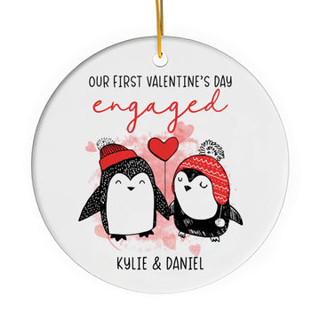 Penguin Couple - Personalized First Valentine's Day Engaged gift For Fiance - Custom Circle Ceramic Ornament - Elizabeth Fashions