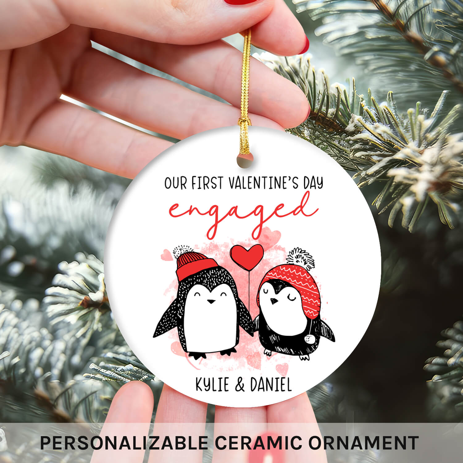 Penguin Couple - Personalized First Valentine's Day Engaged gift For Fiance - Custom Circle Ceramic Ornament - Elizabeth Fashions
