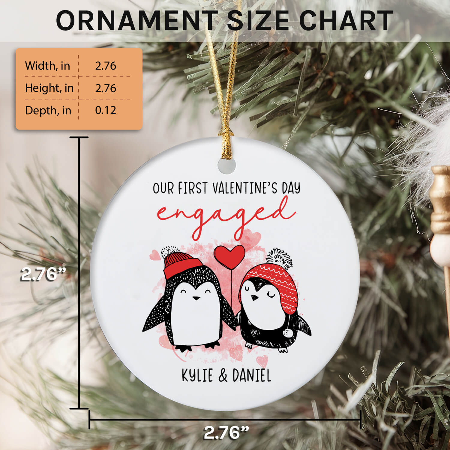 Penguin Couple - Personalized First Valentine's Day Engaged gift For Fiance - Custom Circle Ceramic Ornament - Elizabeth Fashions